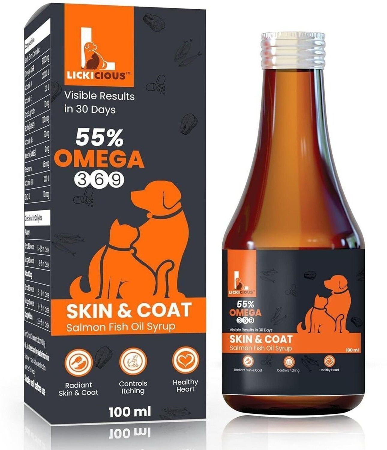Image of LICKICIOUS Skin & Coat Syrup for Dogs & Cats, Salmon Fish Oil, Omega 3 6 9 Pet Health Supplements (100 ml)