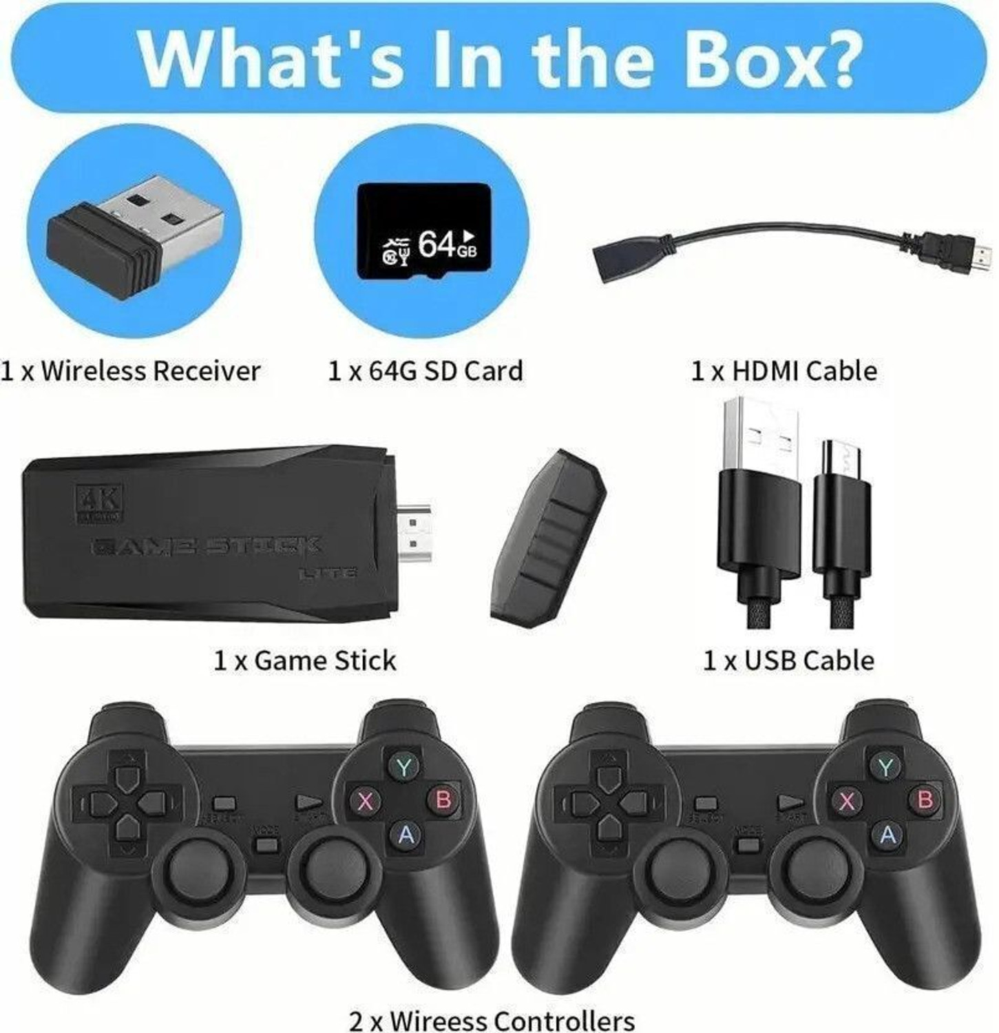 Image of HGWORLD M8 Retro Game Stick Console with 2.4G Dual 2 Player Video Games For TV Wireless Gamepad Gaming Console for TV Video Game for Kids (Best Gift & Fun) All Ages 64 GB with 9+ Emulator,Full HDMI Output, TV Game Set, Sup Game Box , Mini Video Game Hand TV (Black Color Loved by Fans of Console Gaming PS2 PlayStation 2 , PS3 PlayStation 3, PS4 PlayStation 4, Mini PlayStation 5 PS5,PS1,PSP,PVP,PS VITA, Xbox, Nintendo Switch 2) (In-built with 25000+Videogame like Contra Force, Battle City) (Kage,Mario Game Box Remote Hand Video Game for Kids, for Others)