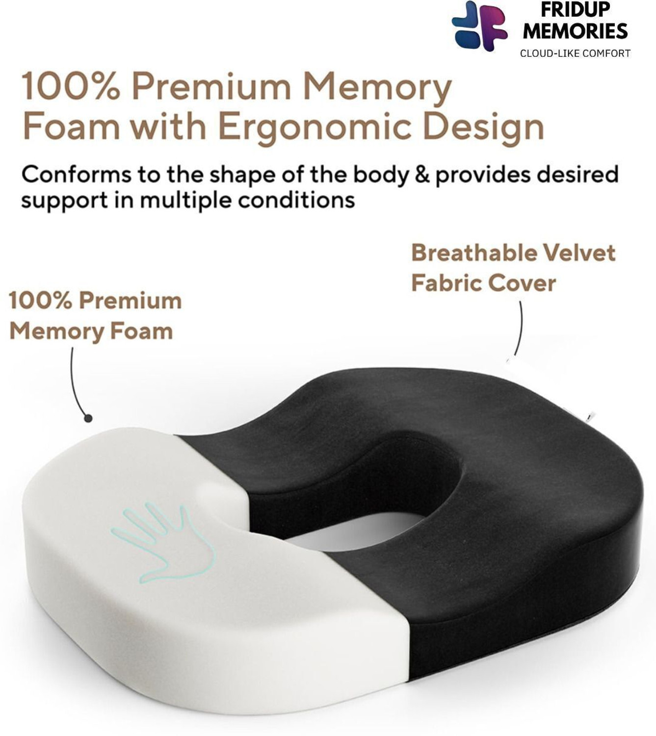 Image of FRIDUP Memory Foam Cushion Pack of 1 Geometric Orthopaedic Memory Foam Donut pillow for Seat (Black)