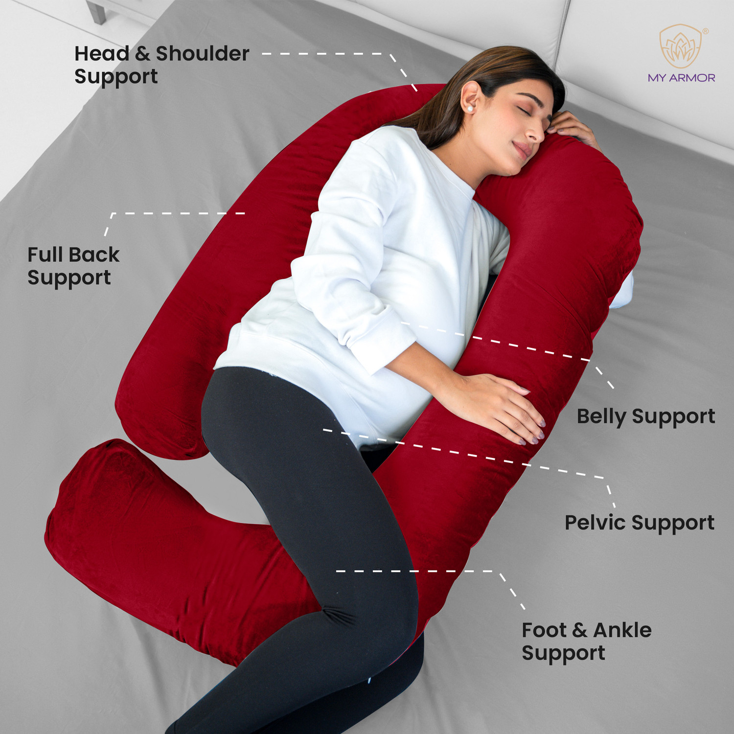 Image of MY ARMOR Microfibre Pregnancy Pillow Pack of 1 Solid Full Body G Shaped Pregnancy Pillow for Maternity, Velvet Outer Cover with Zip, (Maroon)