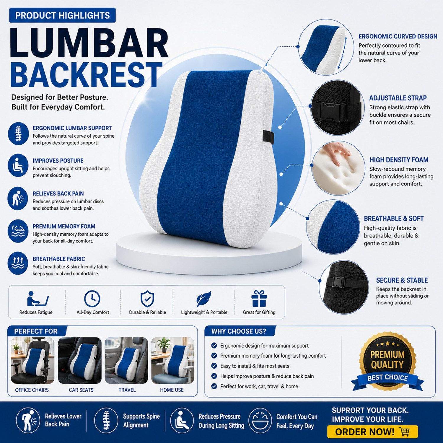 Image of MoveWell Memory Foam Lumbar Pillow Pack of 1 Nature Lumbar Support Cushion for Office Chair Car Seat & Home Use (Blue)