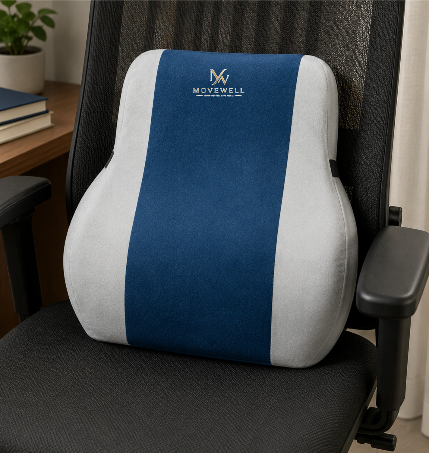 Image of MoveWell Memory Foam Lumbar Pillow Pack of 1 Nature Lumbar Support Cushion for Office Chair Car Seat & Home Use (Blue)