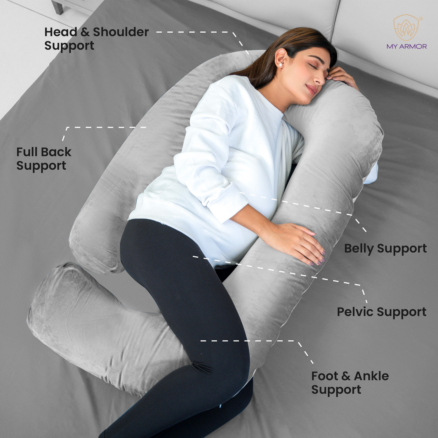 Image of MY ARMOR Microfibre Pregnancy Pillow Pack of 1 Solid (Grey)