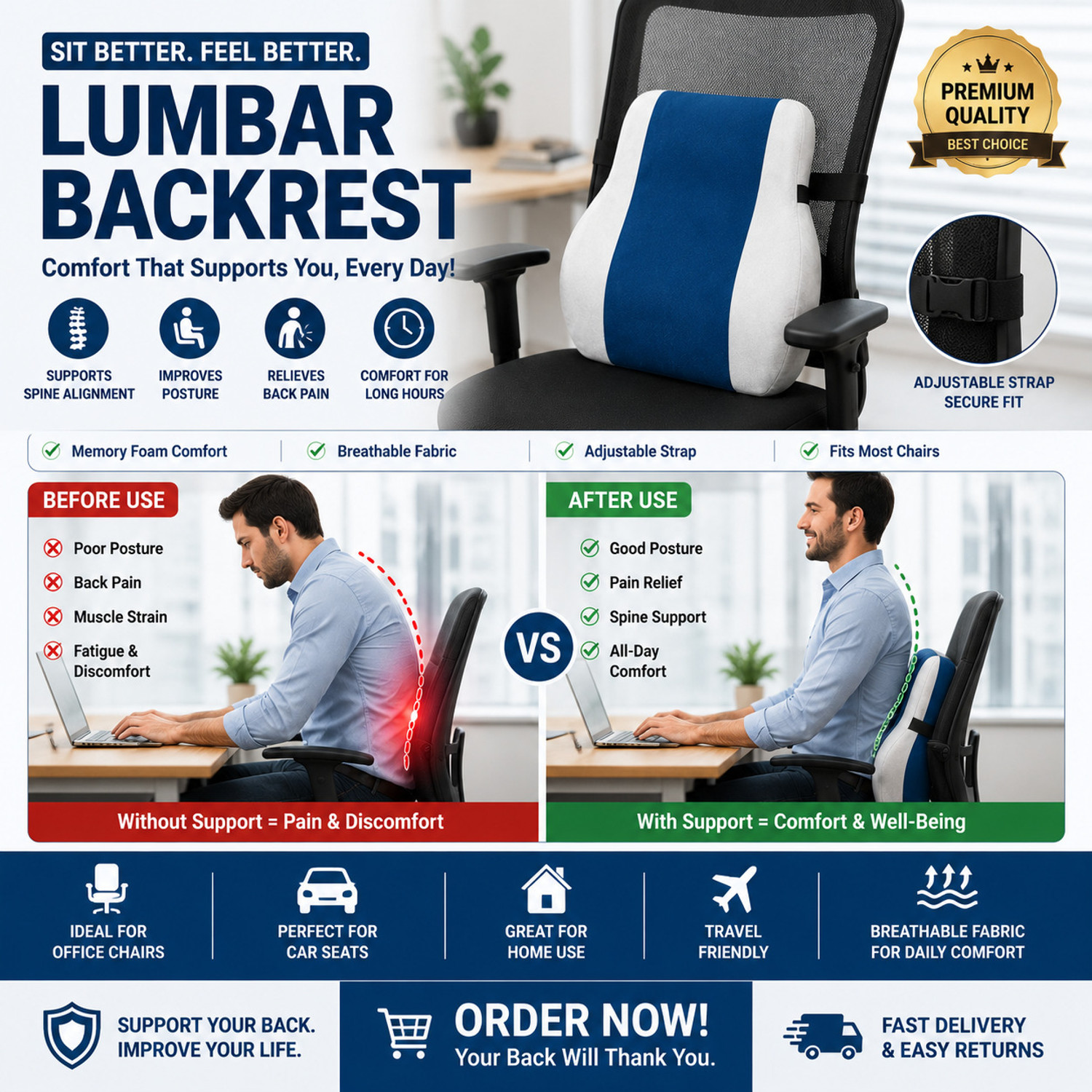 Image of MoveWell Memory Foam Lumbar Pillow Pack of 1 Nature Lumbar Support Cushion for Office Chair Car Seat & Home Use (Blue)