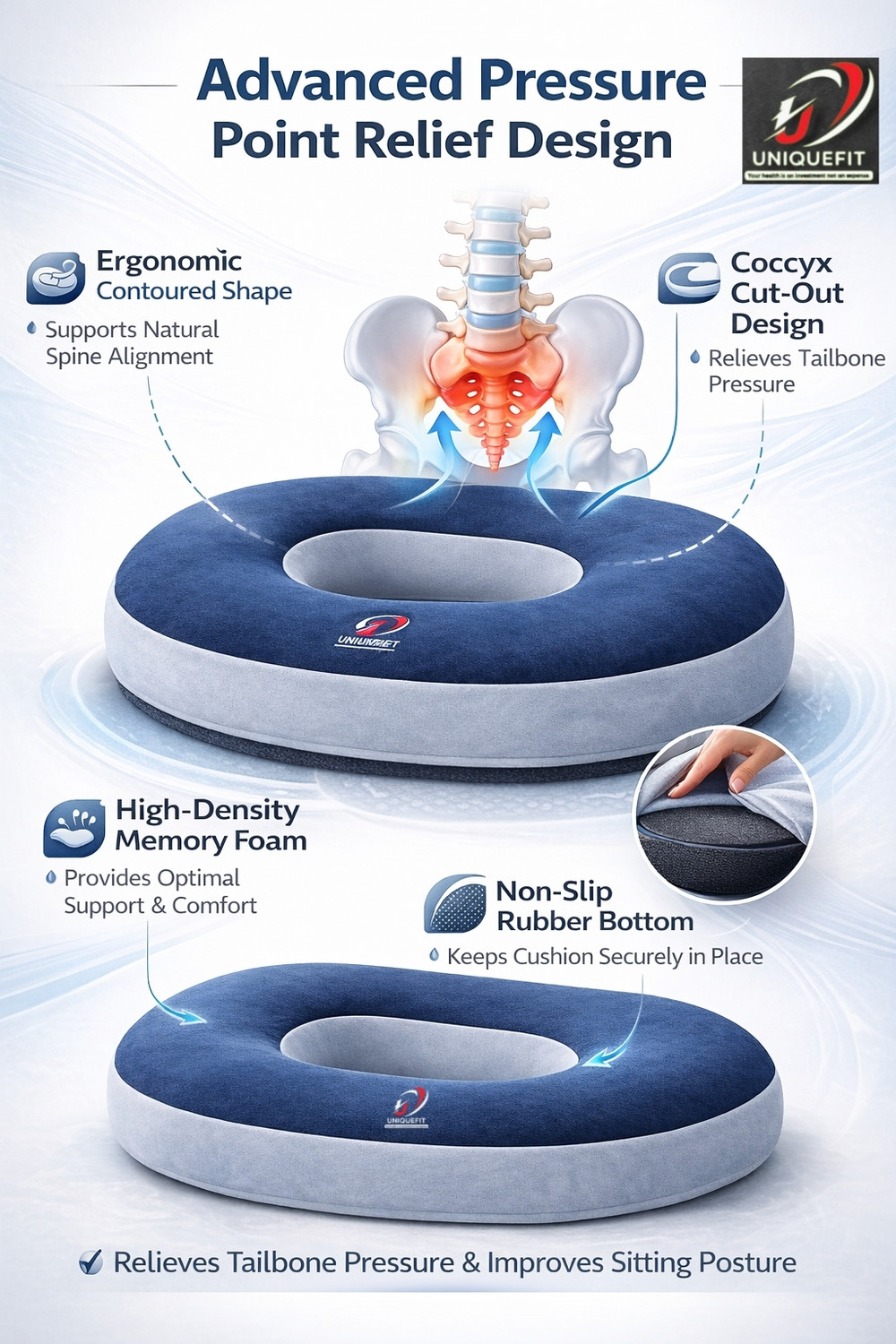 Image of FRIDUP Memory Foam Cushion Pack of 1 Geometric Orthopaedic Memory Foam Donut pillow for Seat (Black)