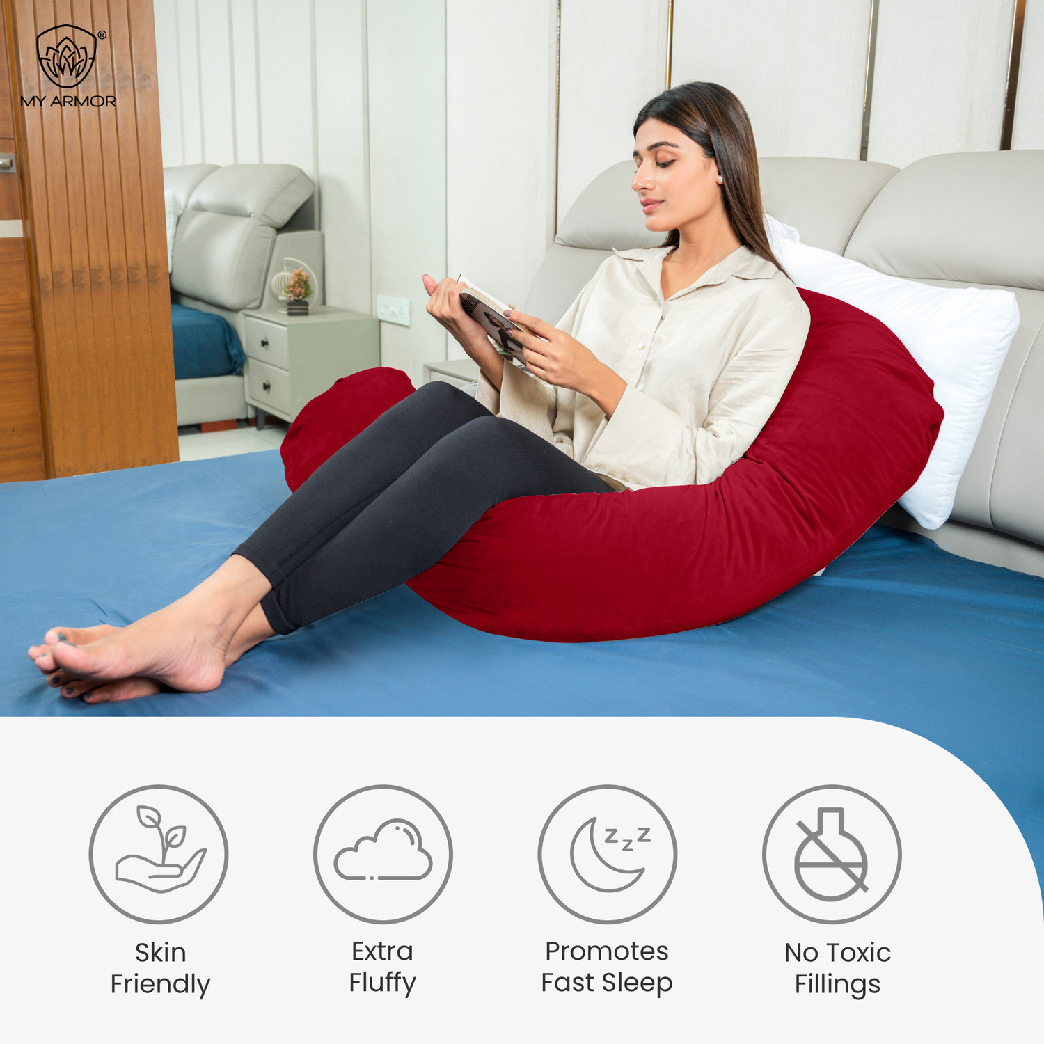 Image of MY ARMOR Microfibre Pregnancy Pillow Pack of 1 Solid Full Body G Shaped Pregnancy Pillow for Maternity, Velvet Outer Cover with Zip, (Maroon)