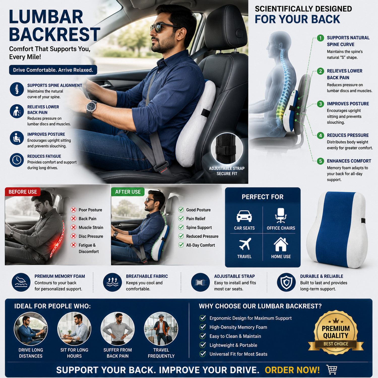 Image of MoveWell Memory Foam Lumbar Pillow Pack of 1 Nature Lumbar Support Cushion for Office Chair Car Seat & Home Use (Blue)