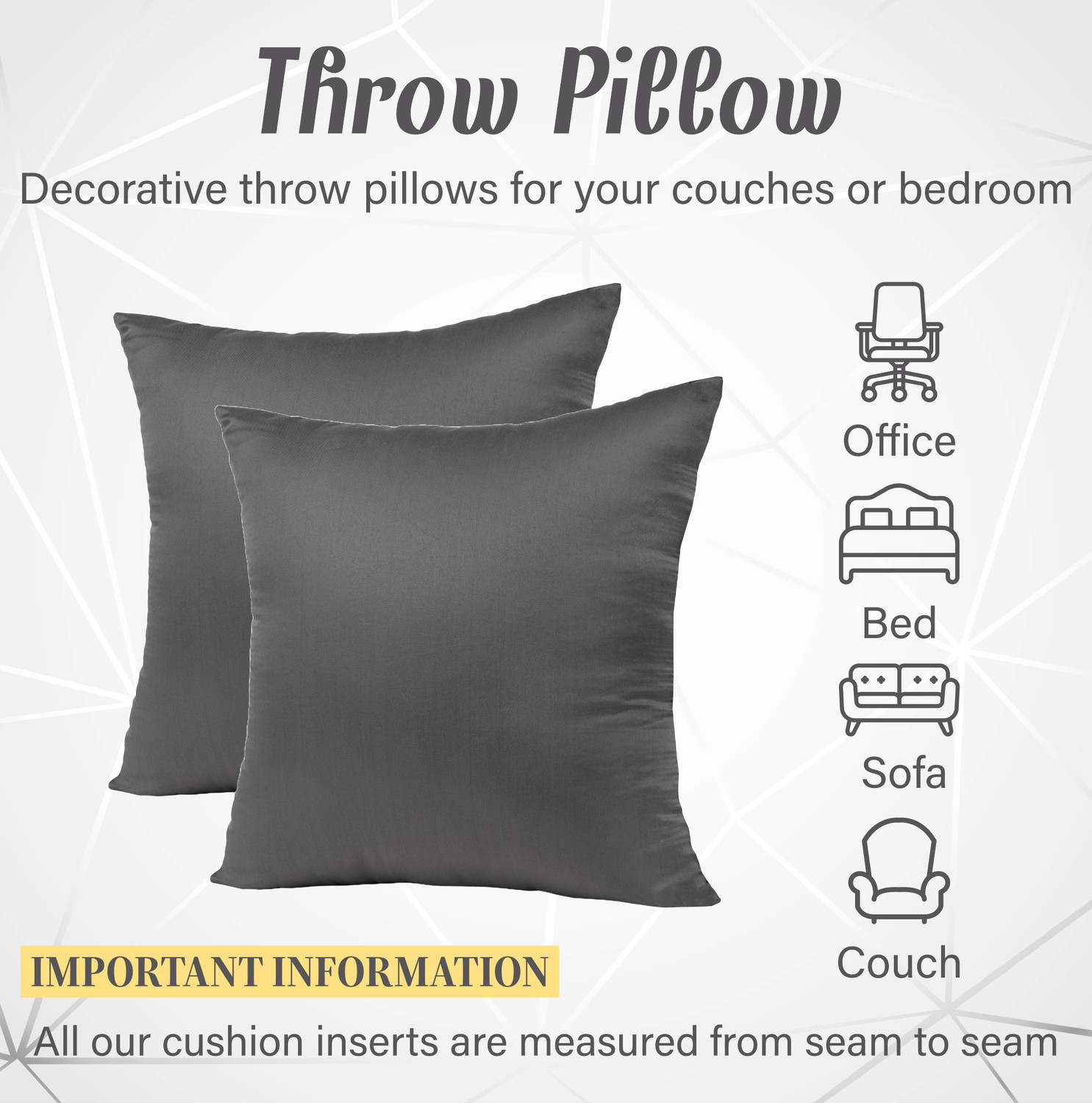 Image of VLYSIUM Polyester Fibre Cushion Pack of 5 Solid 24x24 inch big size cushion for sofa pillow set of 3 (60 cm*60 cm) (Grey)
