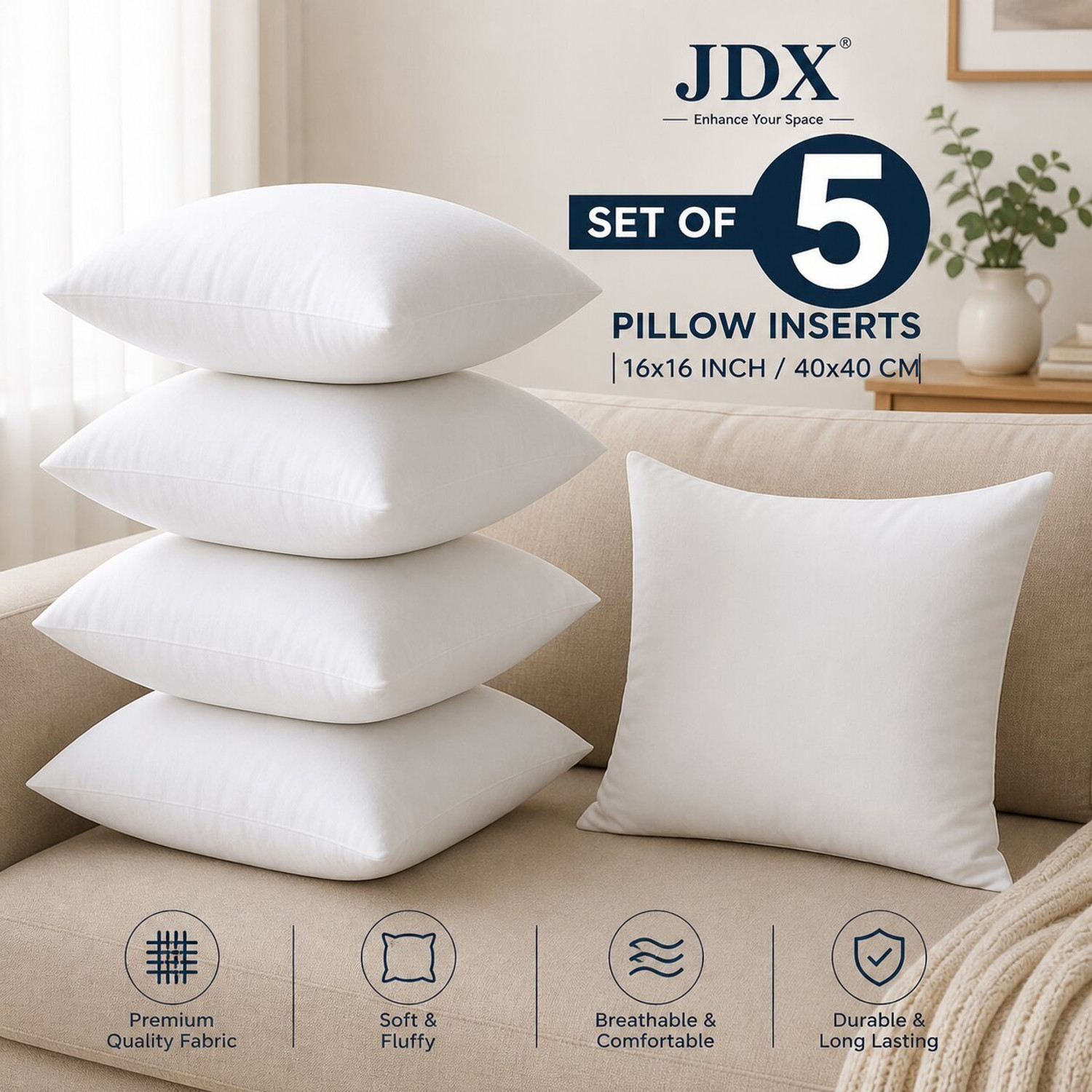 Image of VLYSIUM Polyester Fibre Cushion Pack of 5 Solid 24x24 inch big size cushion for sofa pillow set of 3 (60 cm*60 cm) (Grey)
