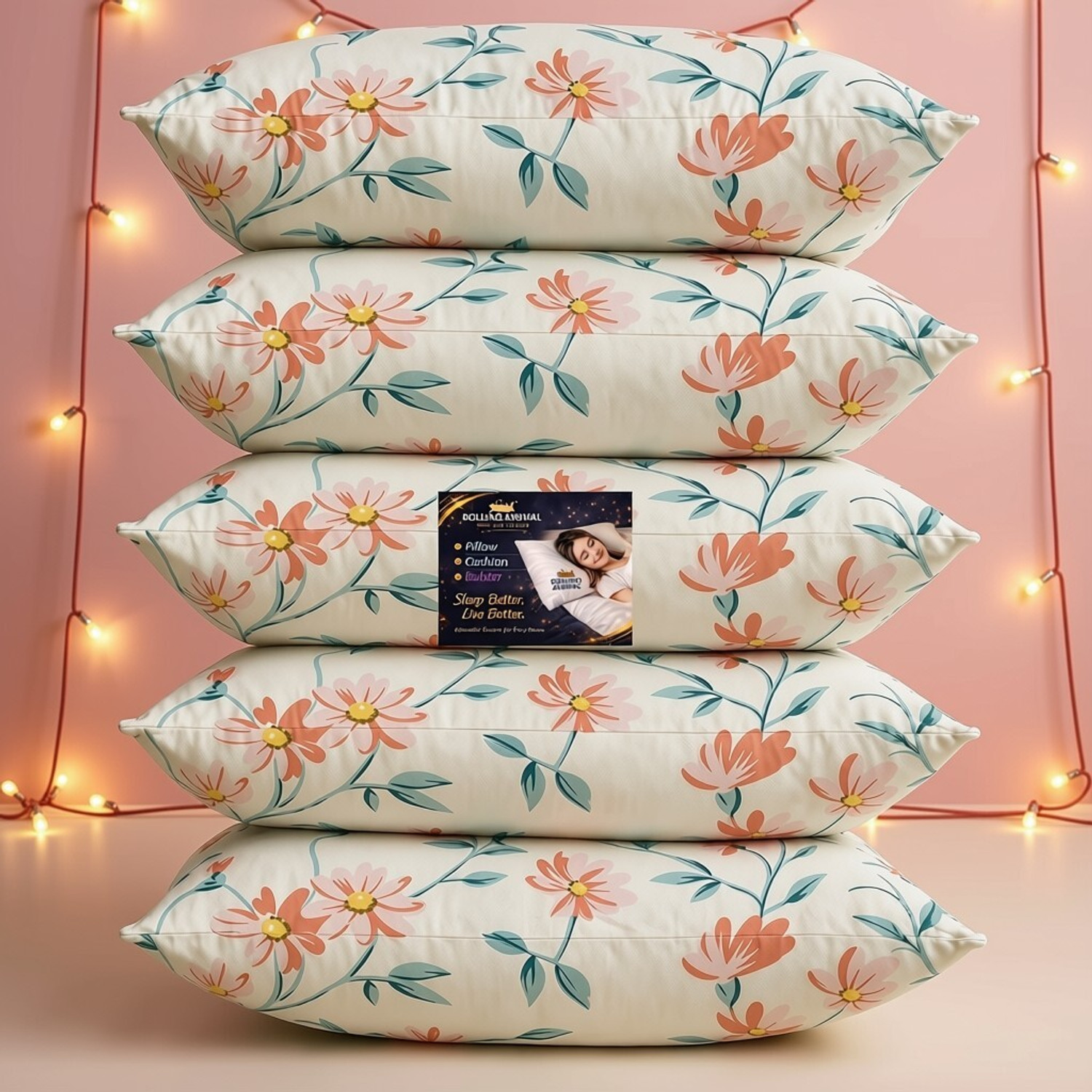 Image of Rolling Animal Cotton Sleeping Pillow Pack of 5 Floral (Multicolor)
