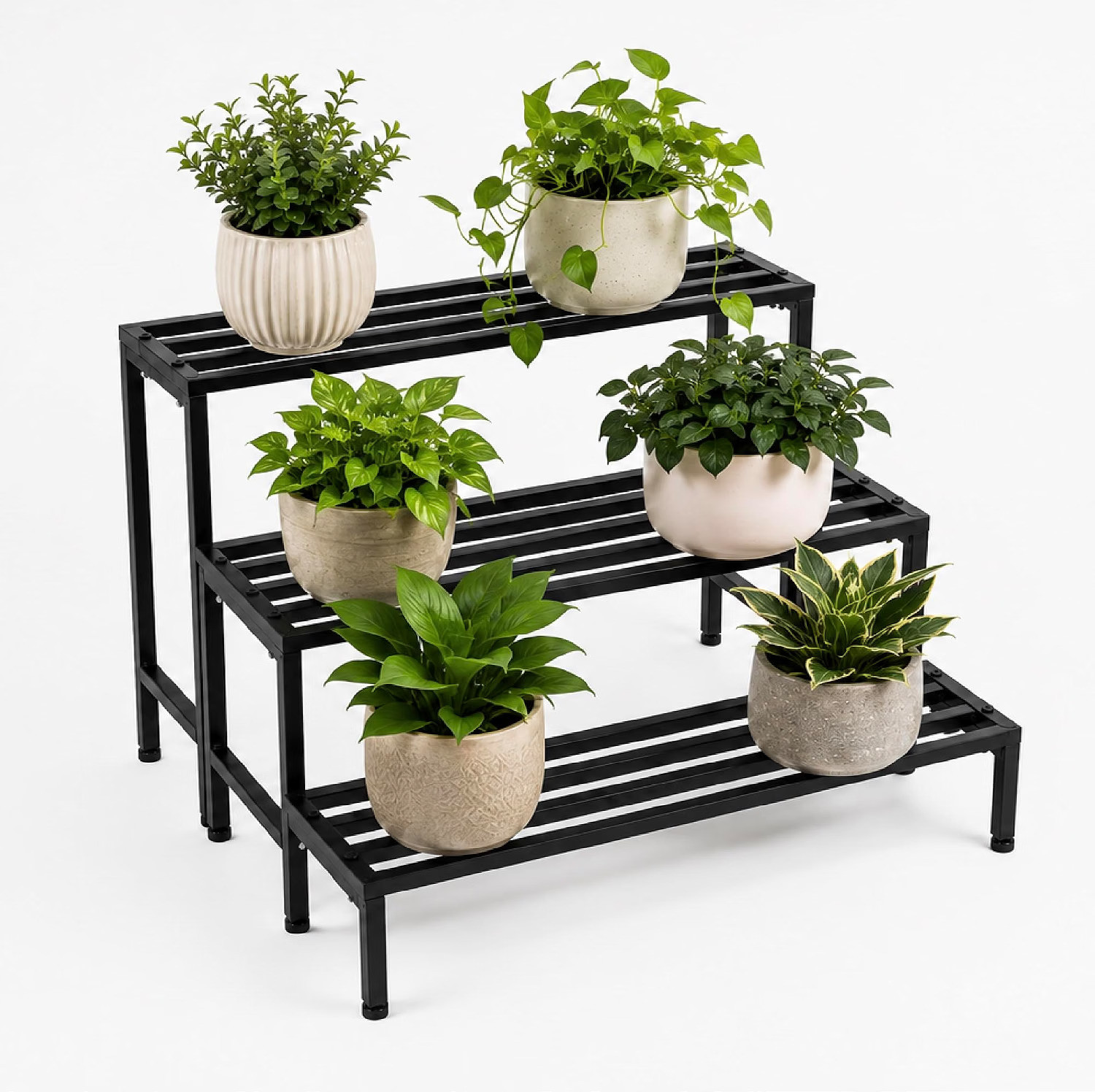 Image of Hs Retail Modern Indoor & Outdoor 2 Tier PlanterStand /Z Shape Plant Racks /Flower Shelf Display for Garden /Balcony /Flowerpot Stand for Corner Display /Double Decker Window Planted Stand-Set of 4,White Plant Container Set (Pack of 4, Metal)