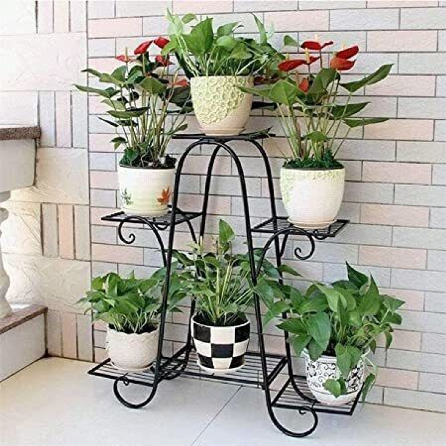 Image of Hs Retail Modern Indoor & Outdoor 2 Tier PlanterStand /Z Shape Plant Racks /Flower Shelf Display for Garden /Balcony /Flowerpot Stand for Corner Display /Double Decker Window Planted Stand-Set of 4,White Plant Container Set (Pack of 4, Metal)