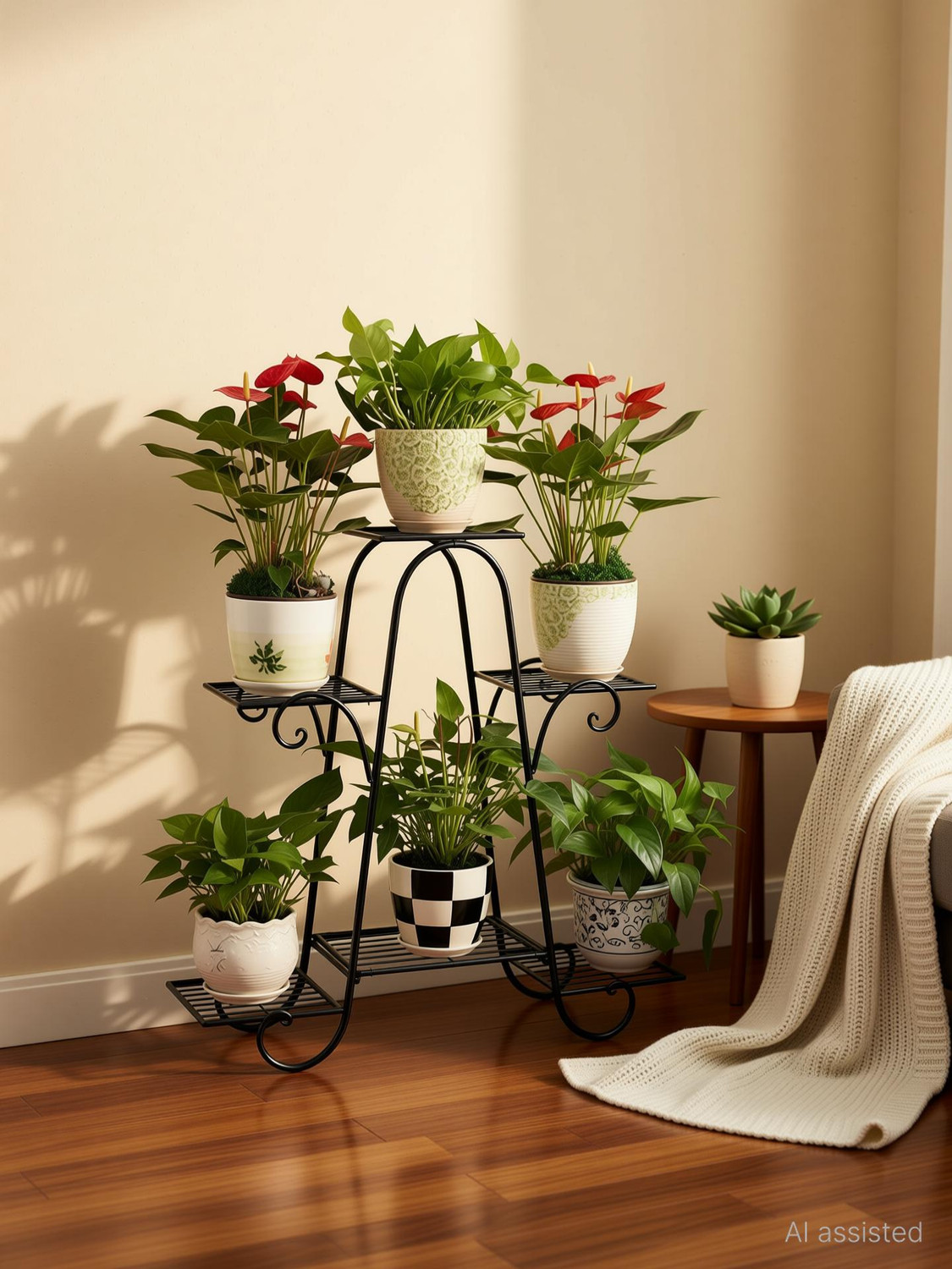 Image of WOZTI Foldable Plant Pot Stands for Indoors and Outdoors, 6 Tier A Shape Black Plant Container Set (Metal)
