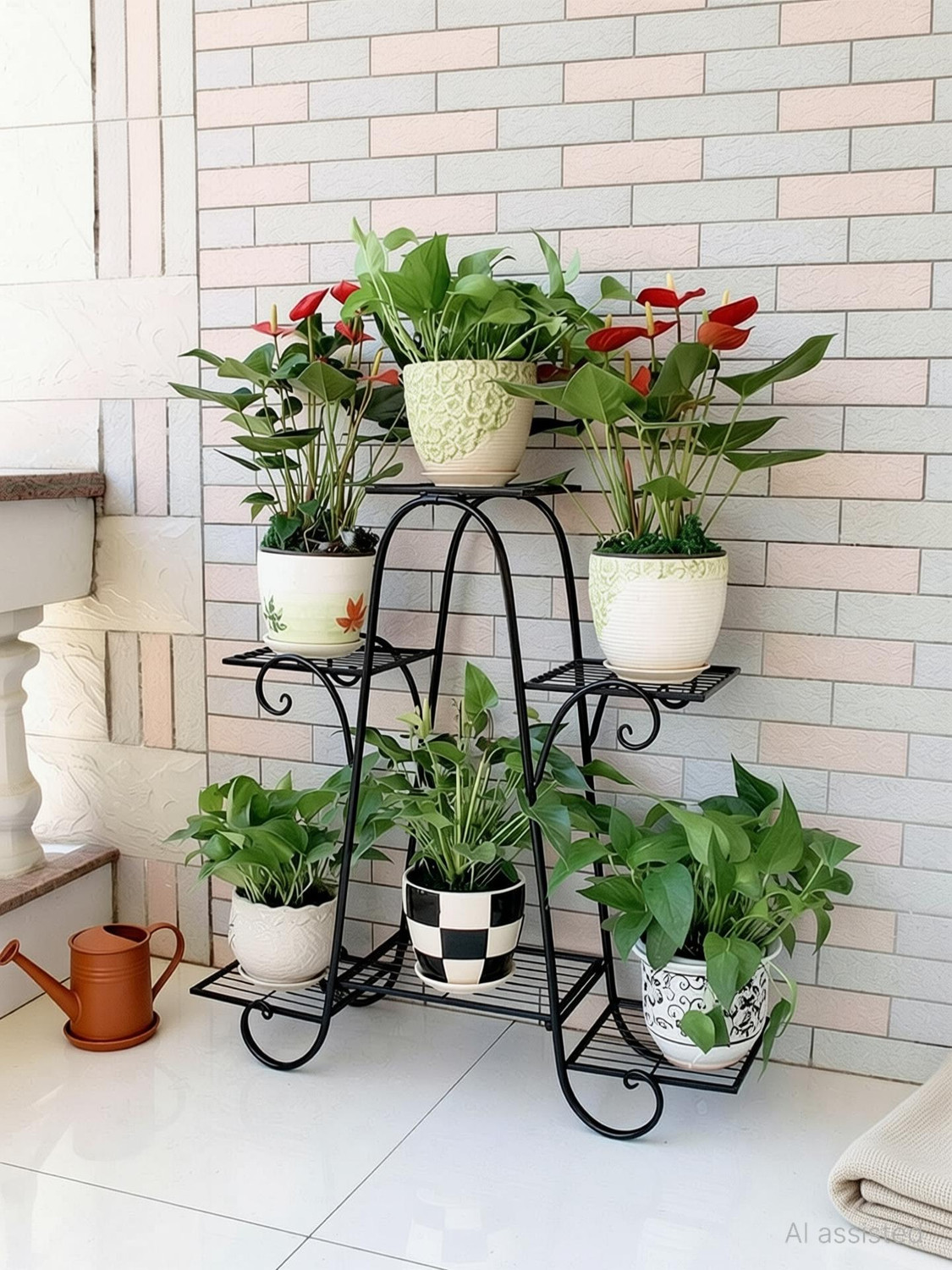 Image of WOZTI Foldable Plant Pot Stands for Indoors and Outdoors, 6 Tier A Shape Black Plant Container Set (Metal)