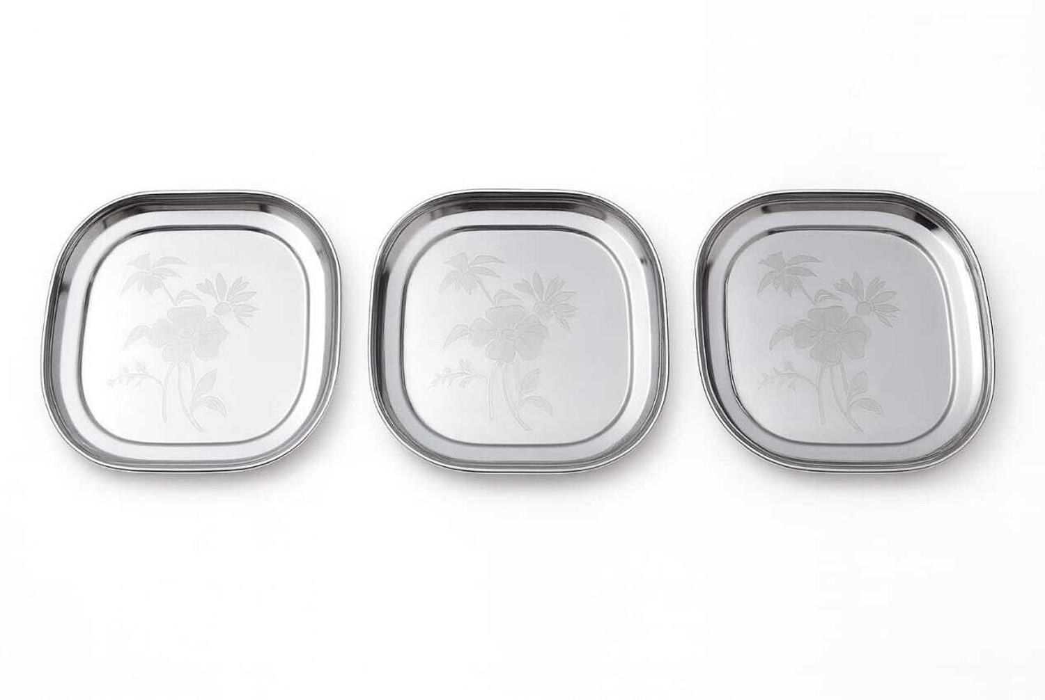 Image of Designbuy India Stainless Steel Serving Plate with Floral Etching Square | Set of 6 Pcs Dinner Plate (Pack of 6, Microwave Safe)