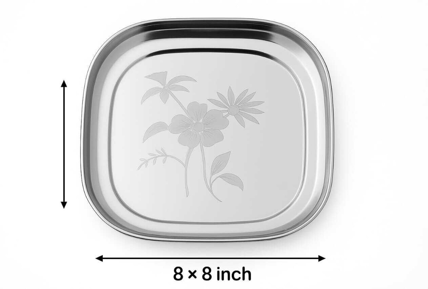 Image of Designbuy India Stainless Steel Serving Plate with Floral Etching Square | Set of 6 Pcs Dinner Plate (Pack of 6, Microwave Safe)