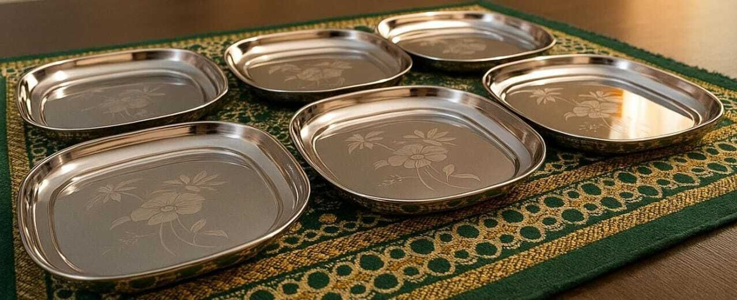 Image of Designbuy India Stainless Steel Serving Plate with Floral Etching Square | Set of 6 Pcs Dinner Plate (Pack of 6, Microwave Safe)