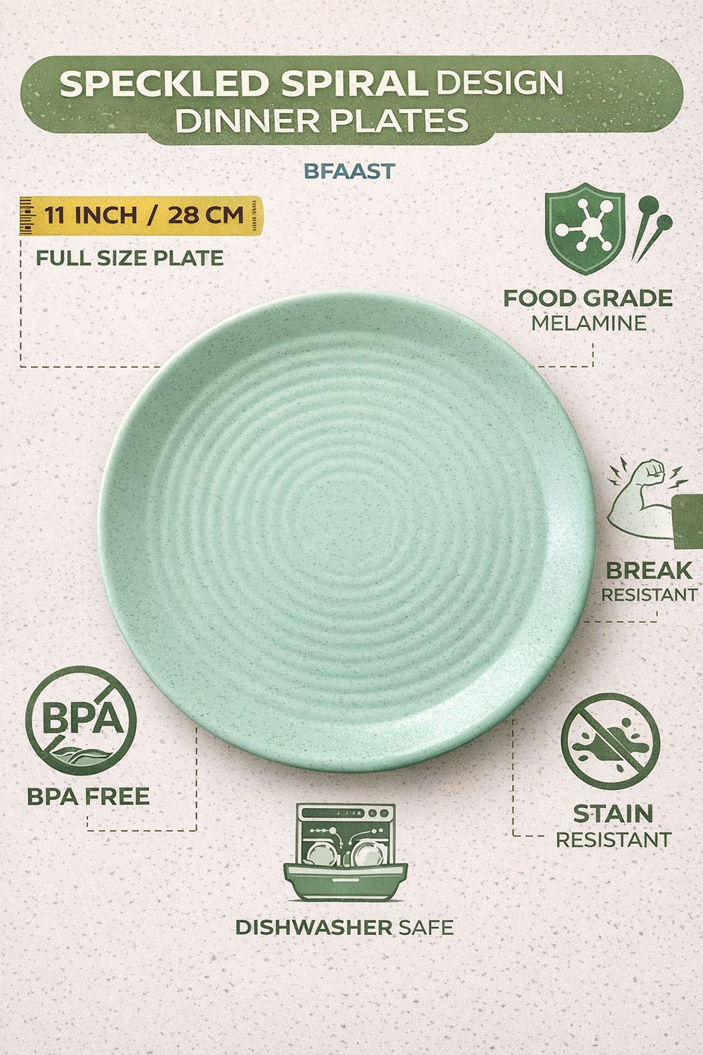 Image of BFAAST Mint Green Spiral Melamine Dinner Plates Set of 6, 11 Inch BPA Free Dinner Plate (Pack of 6, Microwave Safe)