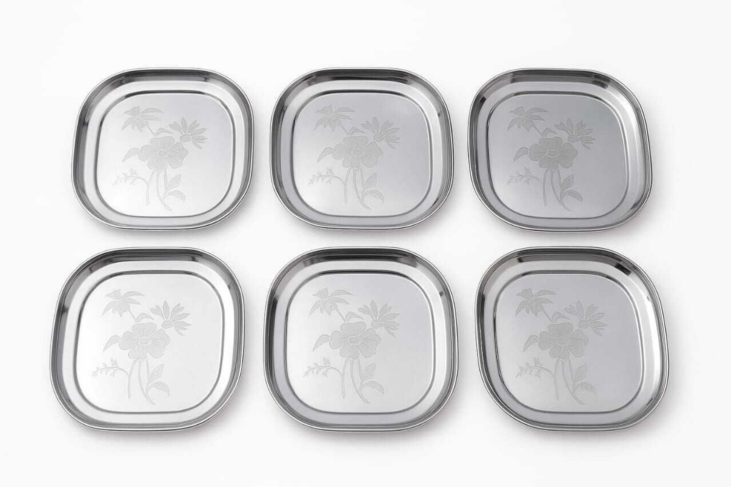 Image of Designbuy India Stainless Steel Serving Plate with Floral Etching Square | Set of 6 Pcs Dinner Plate (Pack of 6, Microwave Safe)