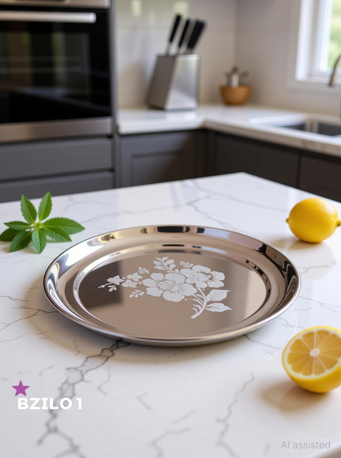 Image of Designbuy India Stainless Steel Serving Plate with Floral Etching Square | Set of 6 Pcs Dinner Plate (Pack of 6, Microwave Safe)