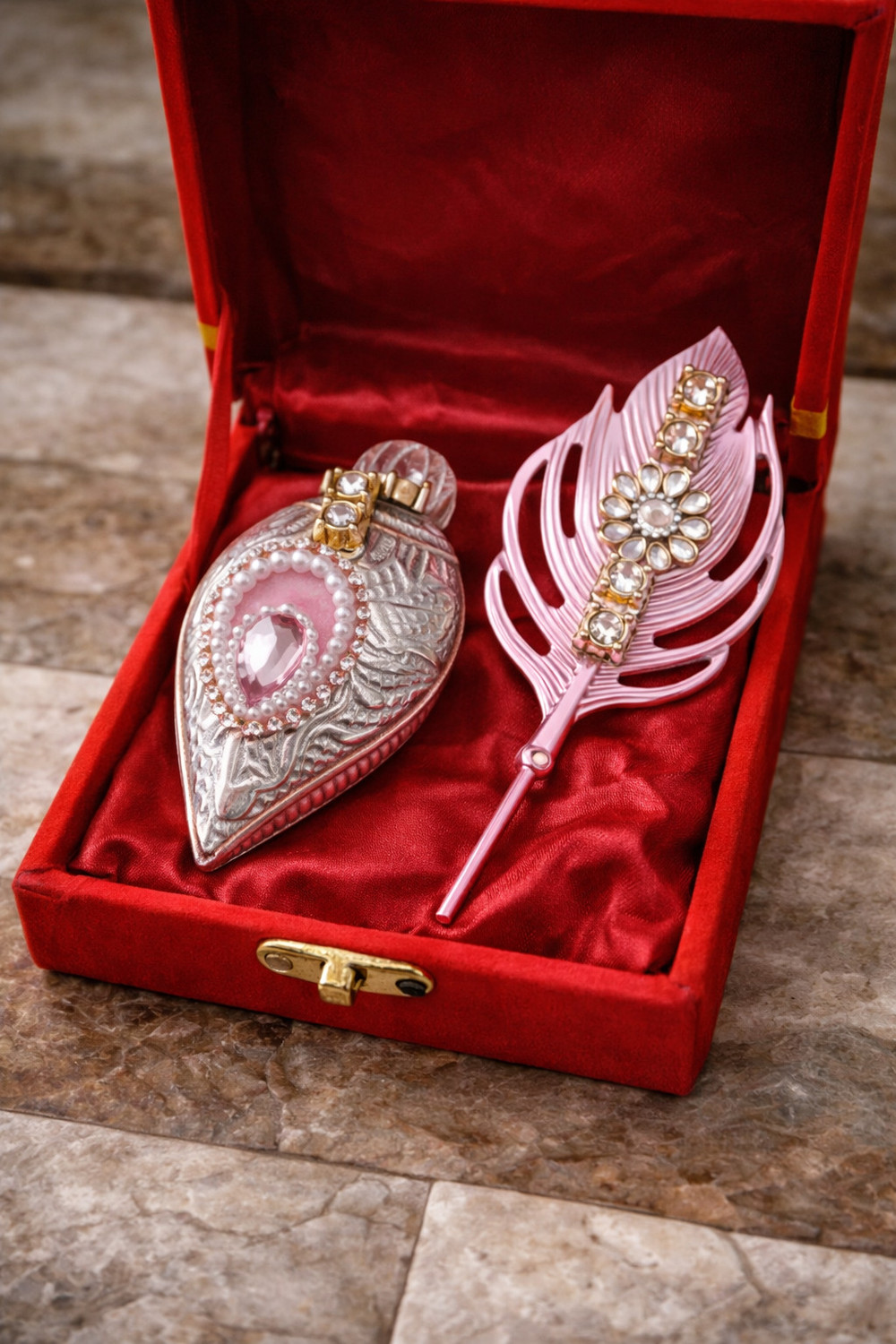 JM International Silver Sindoor Roli Chawal Set with Pink Morpankhi - Image 1