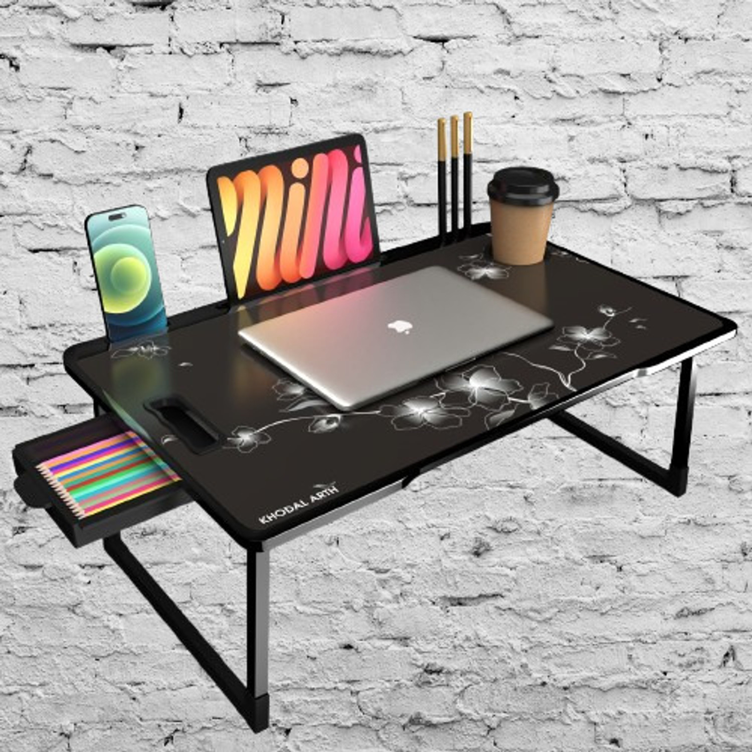 Image of SAIJI Adjustable & Foldable Laptop Table for Bed - 52x30cm Portable Desk Wood Portable Laptop Table (Finish Color - Black, Pre Assembled)