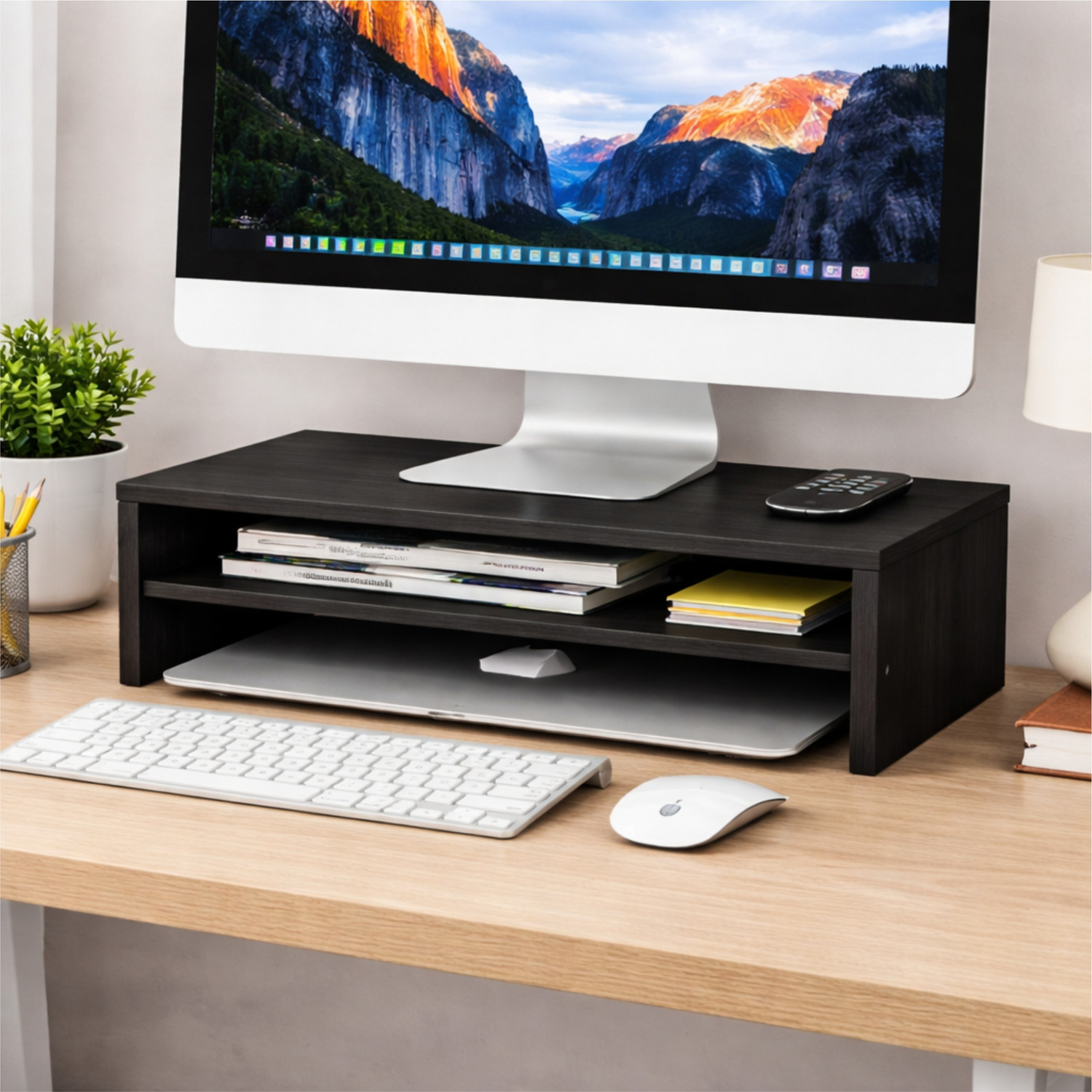 Image of Dwhandicrafts monitor stand for desk wooden monitor riser computer screen stand wood monitor stand computer monitor riser desktop shelf organizer Wooden Desk Stand Laptop Stand Compatible with 40 - 44cm Laptops (Black)