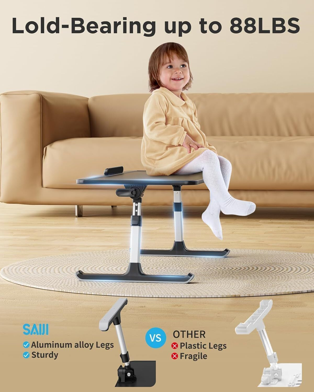 Image of SAIJI Adjustable & Foldable Laptop Table for Bed - 52x30cm Portable Desk Wood Portable Laptop Table (Finish Color - Black, Pre Assembled)