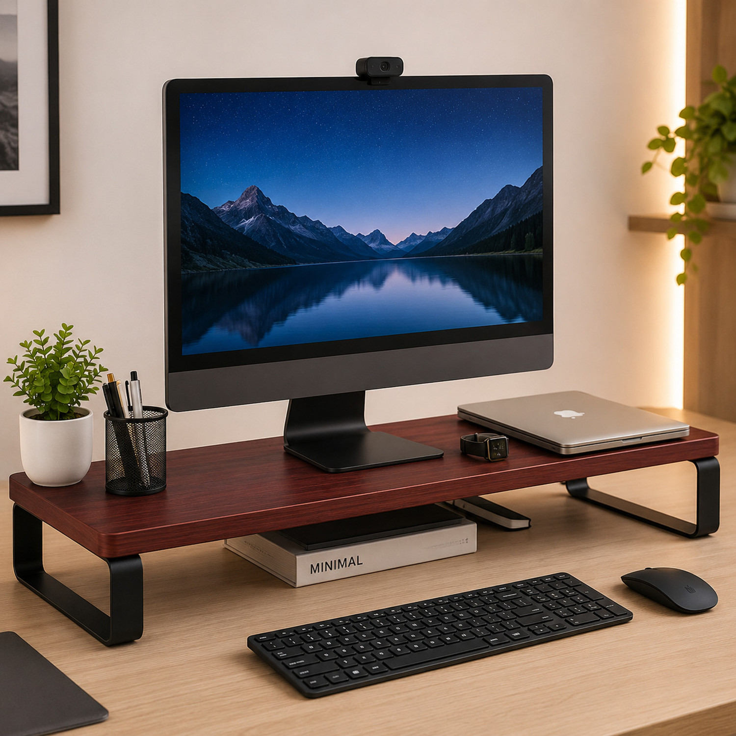 Image of Dwhandicrafts monitor stand for desk wooden monitor riser computer screen stand wood monitor stand computer monitor riser desktop shelf organizer Wooden Desk Stand Laptop Stand Compatible with 40 - 44cm Laptops (Black)