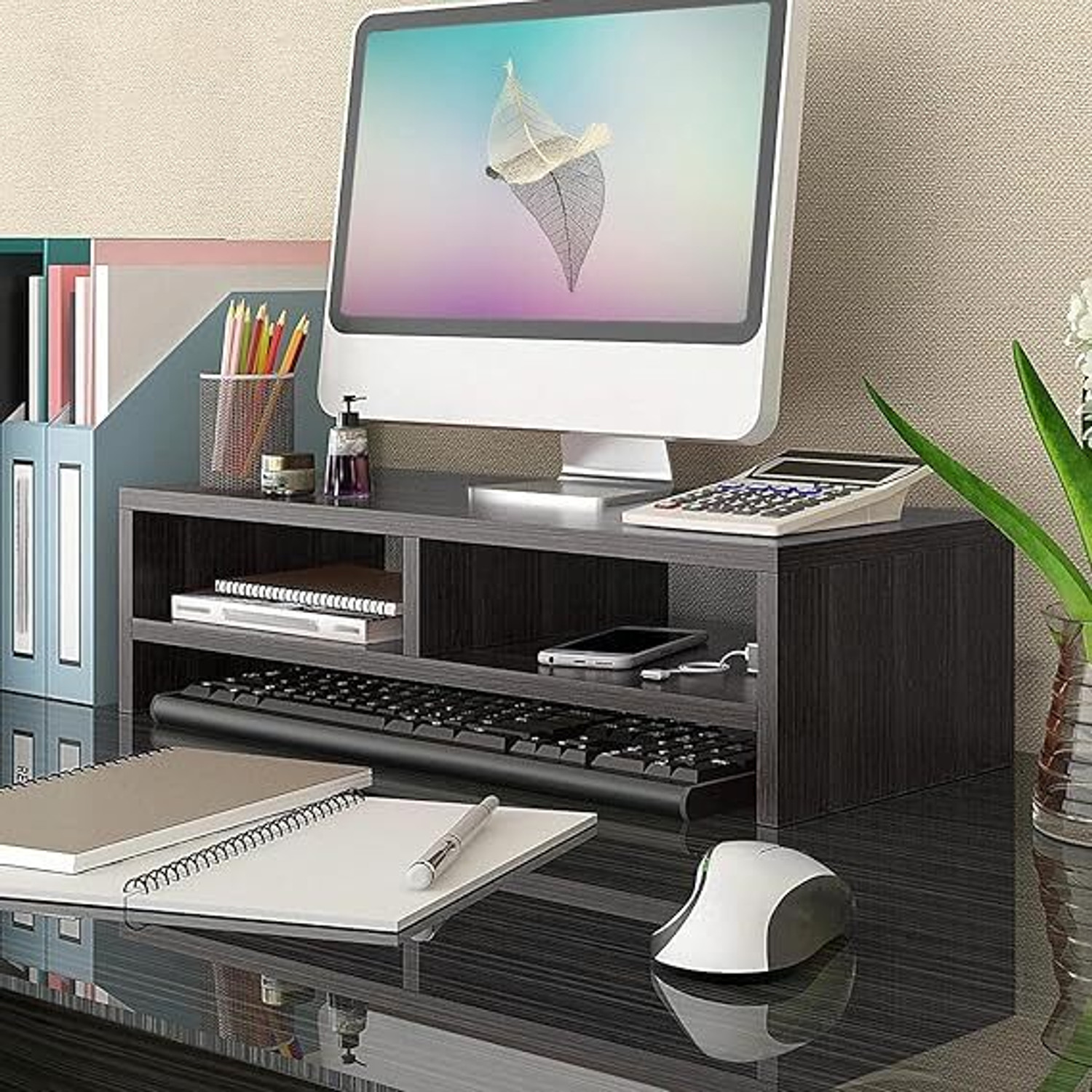 Image of Dwhandicrafts monitor stand for desk wooden monitor riser computer screen stand wood monitor stand computer monitor riser desktop shelf organizer Wooden Desk Stand Laptop Stand Compatible with 40 - 44cm Laptops (Black)