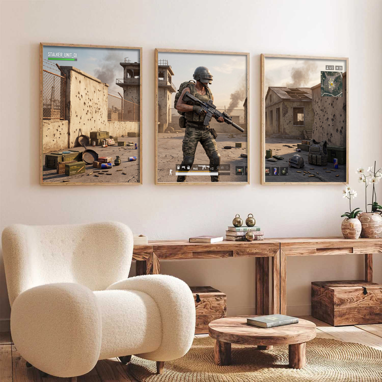 Image of Moderngallerymart Yanveer Big Aesthetic BGMI Gaming Wall Art Canvas with Natural Wood Frame | Preparation, Combat & Winner Winner Chicken Dinner 3 Panel Poster for Bedroom, Living Room, Office, Gaming Room & Gamer Setup Decor Fine Art Print (13 inch X 10 inch)