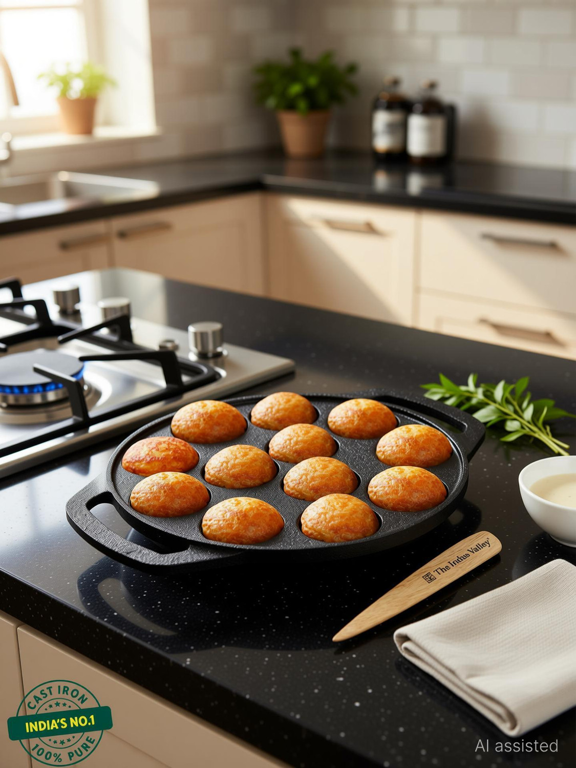 Image of VARUDI cast iron appam pan appe maker cast iron 12 cavity induction base non stick Pot 30 cm diameter 12 L capacity (Cast Iron, Non-stick, Induction Bottom)