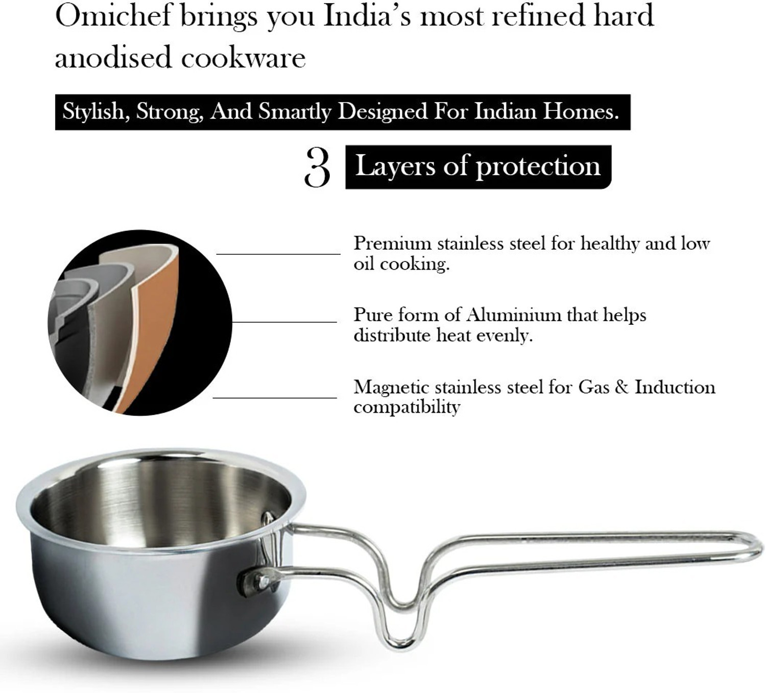 Image of Omichef Triply Stainless Steel Tadka Pan Large - 300 ml Tadka Pan 11 cm diameter 0.3 L capacity (Triply, Induction Bottom)