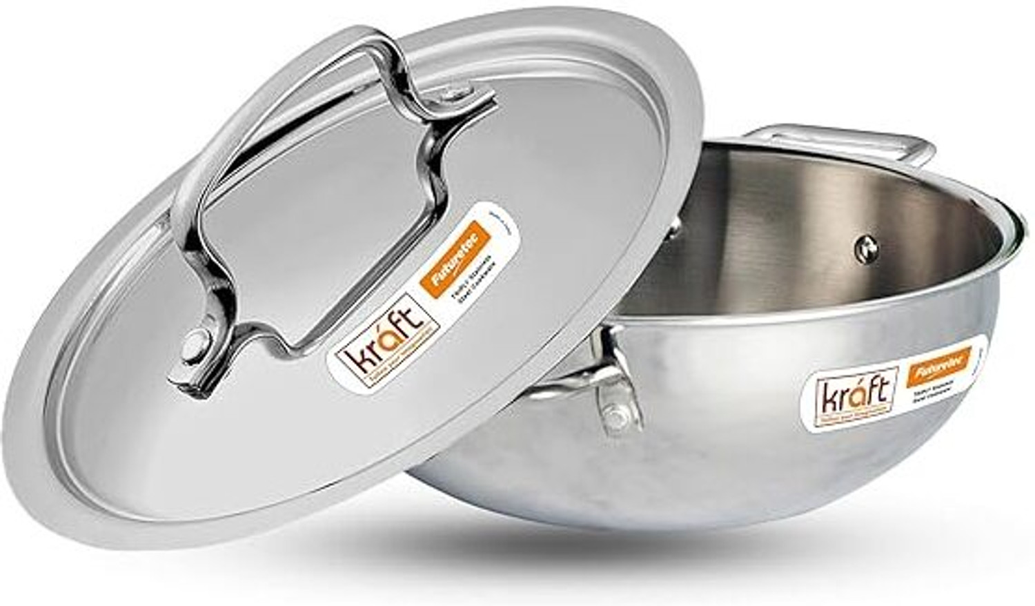 Image of Kraft Stainless Steel Futuretec Triply Stainless Steel Extra Deep Kadhai 24 cm diameter with Lid 3.3 L capacity (Stainless Steel, Induction Bottom)