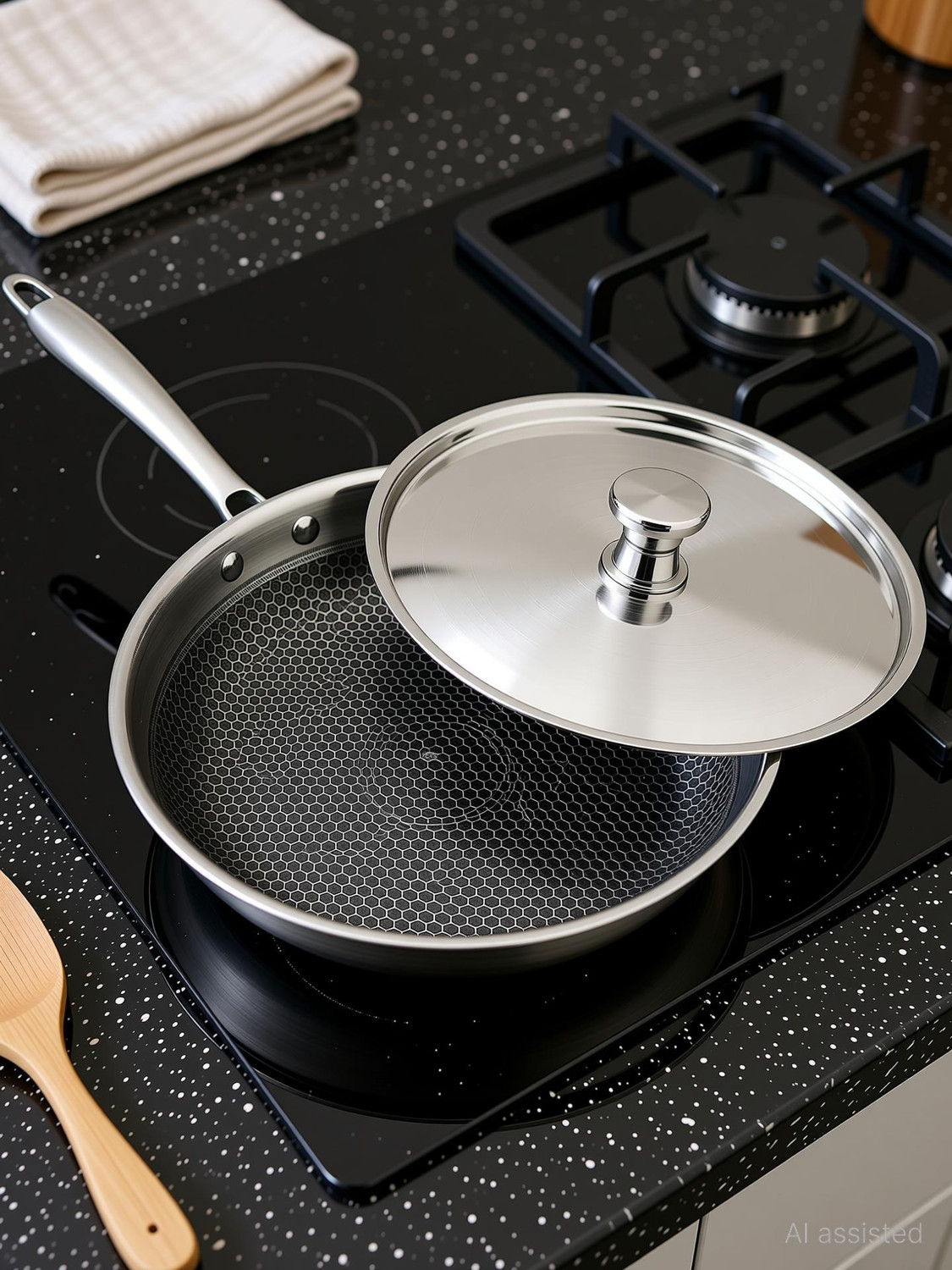 Image of Aramex Non-Stick Honeycomb Triply Stainless Fry Pan 26 cm diameter with Lid 2.3 L capacity (Triply, Non-stick, Induction Bottom)