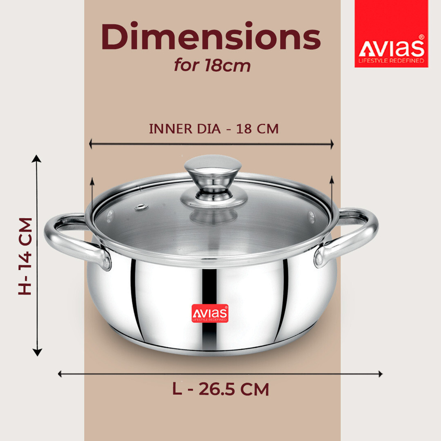 Image of AVIAS IB Belly Cookpot with Glass Lid /Gas Stove Friendly /Rust-Resistant Cookware Pot 18 cm diameter 2.25 L capacity with Lid (Stainless Steel, Induction Bottom)
