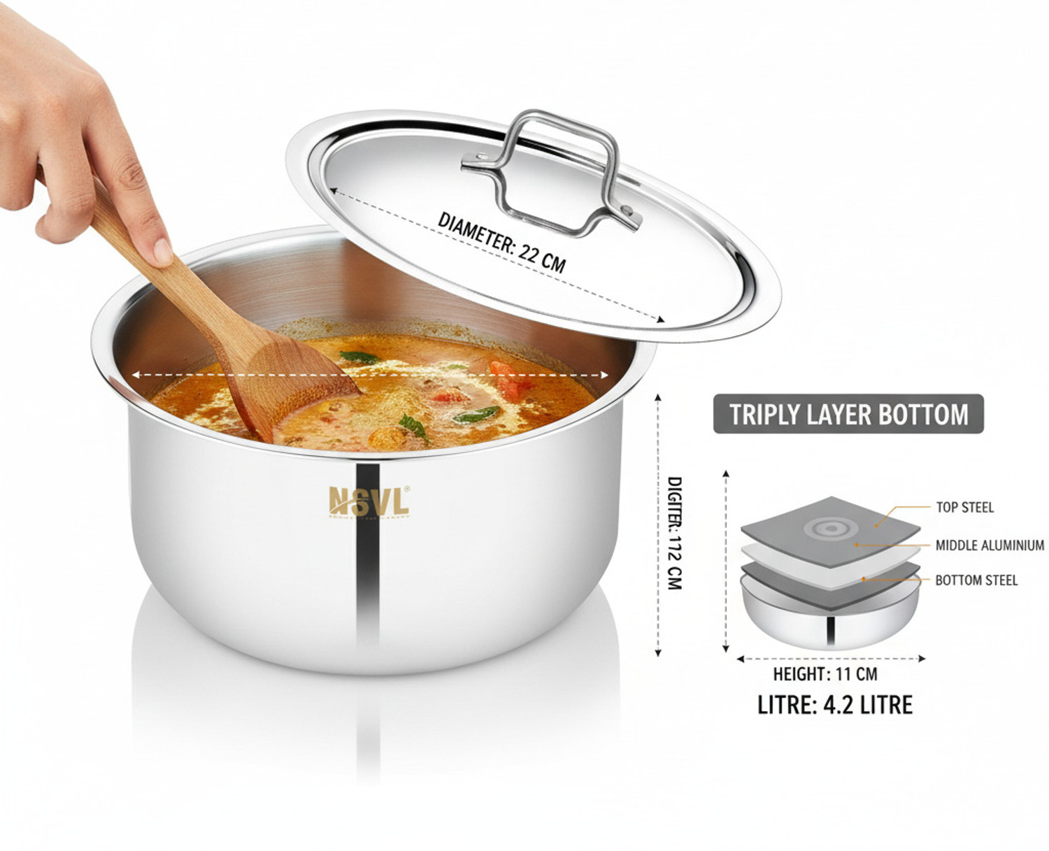 Image of NSVL Triply Stainless Steel Tope with Lid Tope /Bhagona /Patila with Lid 4.2 L capacity 22 cm diameter (Triply, Induction Bottom)