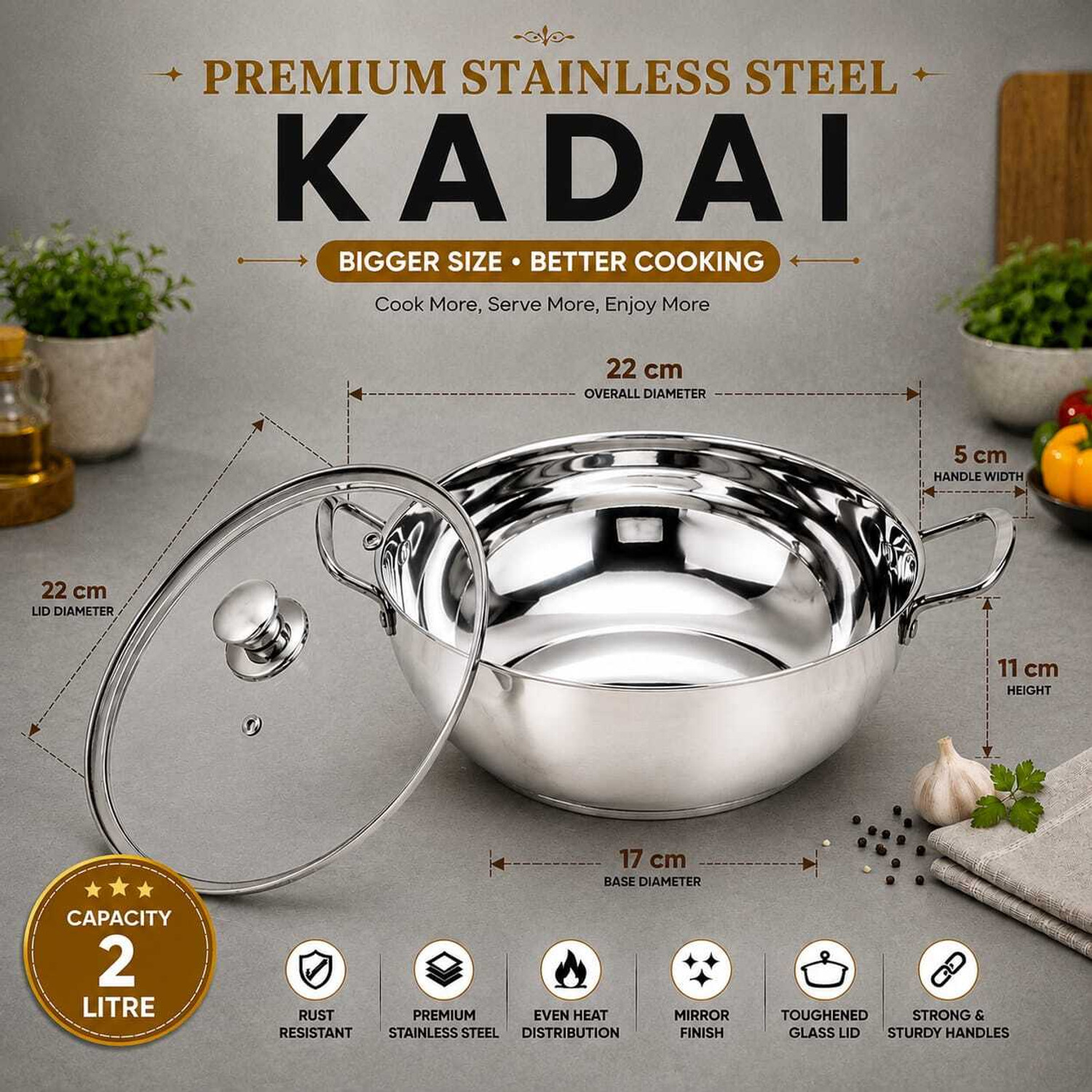 Image of AVIAS IB Belly Cookpot with Glass Lid /Gas Stove Friendly /Rust-Resistant Cookware Pot 18 cm diameter 2.25 L capacity with Lid (Stainless Steel, Induction Bottom)