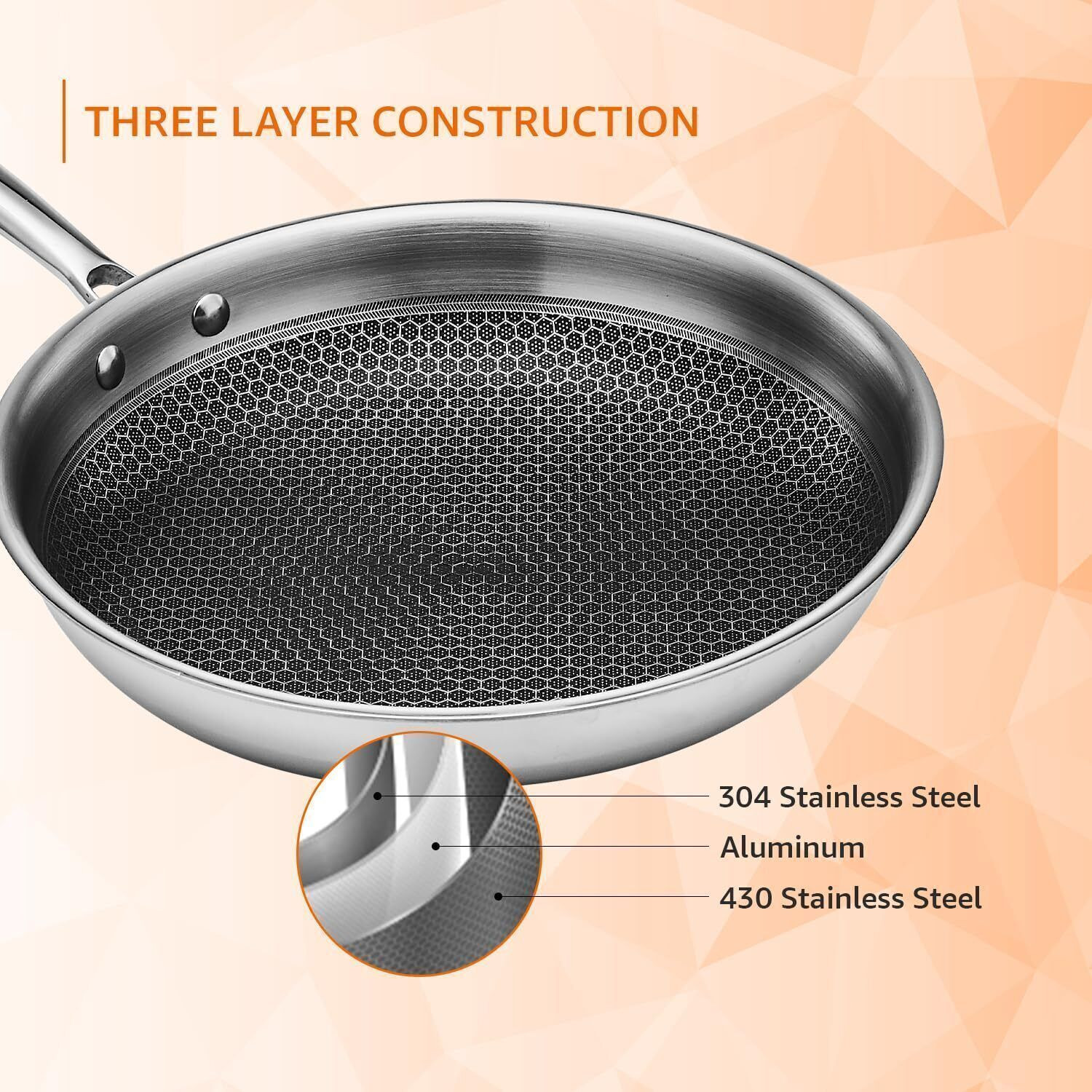 Image of Aramex Non-Stick Honeycomb Triply Stainless Fry Pan 26 cm diameter with Lid 2.3 L capacity (Triply, Non-stick, Induction Bottom)