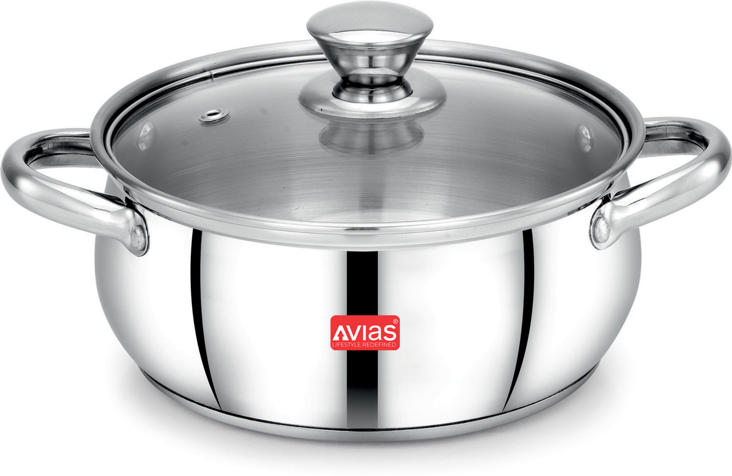 Image of AVIAS IB Belly Cookpot with Glass Lid /Gas Stove Friendly /Rust-Resistant Cookware Pot 18 cm diameter 2.25 L capacity with Lid (Stainless Steel, Induction Bottom)