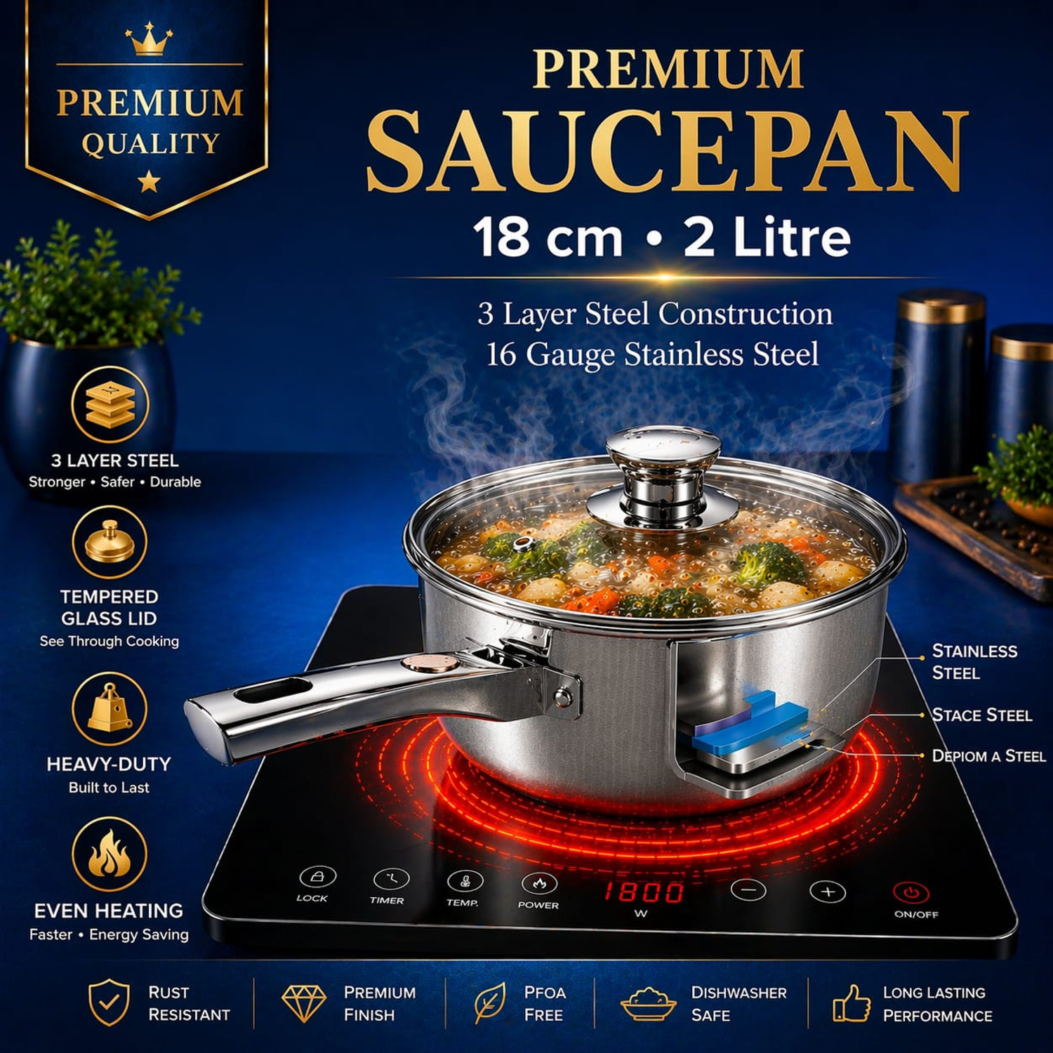 Image of BERTOL KITCHENWARE Stainless Steel Flat Base Belly Saucepan With Steel Lid Sauce Pan 18 cm diameter with Lid 1.5 L capacity (Stainless Steel)