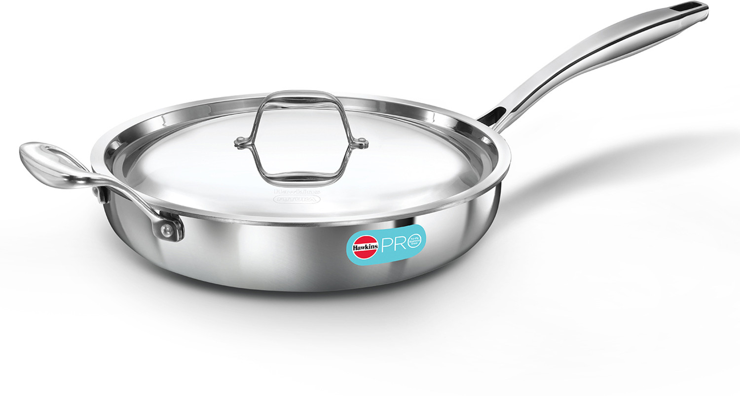 Image of Hawkins 22 cm Frying Pan, Triply Stainless Steel Fry Pan with Stainless Steel Handle Fry Pan 22 cm diameter with Lid 0.6 L capacity (Triply, Induction Bottom)