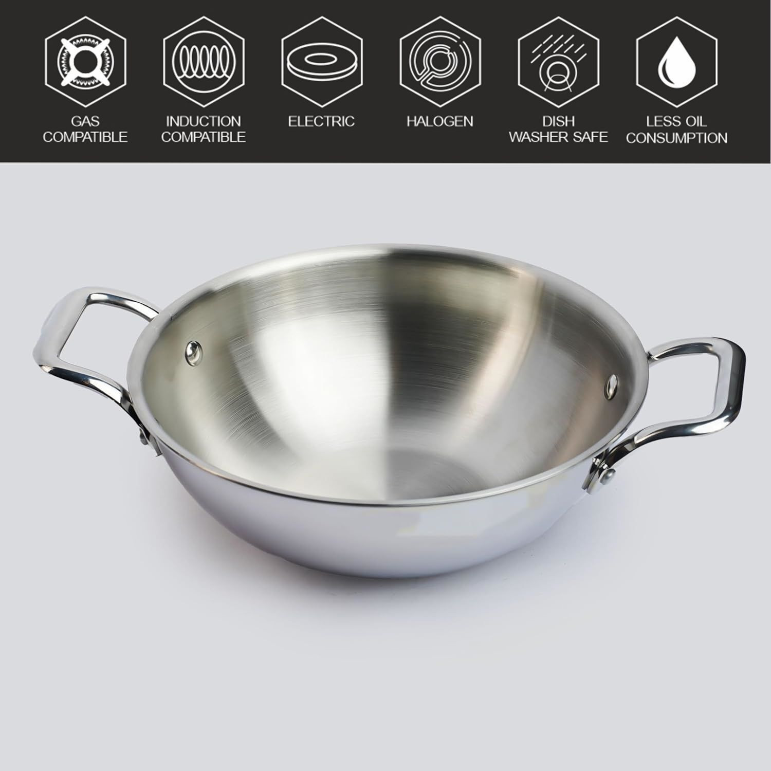 Image of DesiMaa Triply Stainless Steel kadhai 26 cm Kadhai 26 cm diameter 3 L capacity (Triply, Induction Bottom)