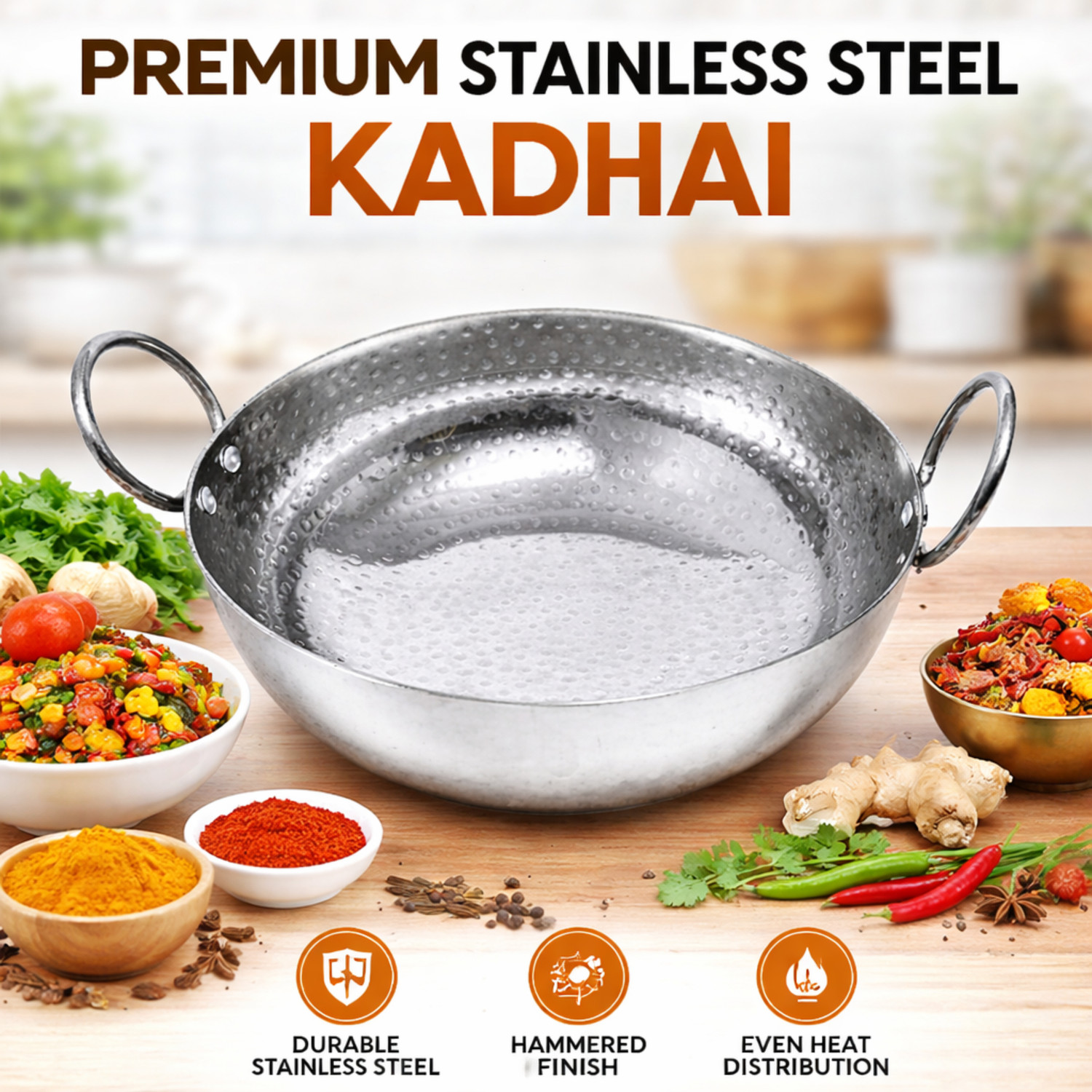 Image of Timeking Stainless Steel Kadhai,Poori,Halwa,Egg Fry,Sandwich Bottom Heavy Gauge Kadhai, Kadhai 36 cm diameter 5 L capacity (Steel)