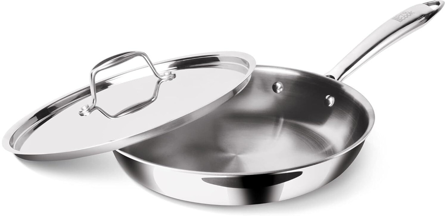 Image of Hawkins 22 cm Frying Pan, Triply Stainless Steel Fry Pan with Stainless Steel Handle Fry Pan 22 cm diameter with Lid 0.6 L capacity (Triply, Induction Bottom)