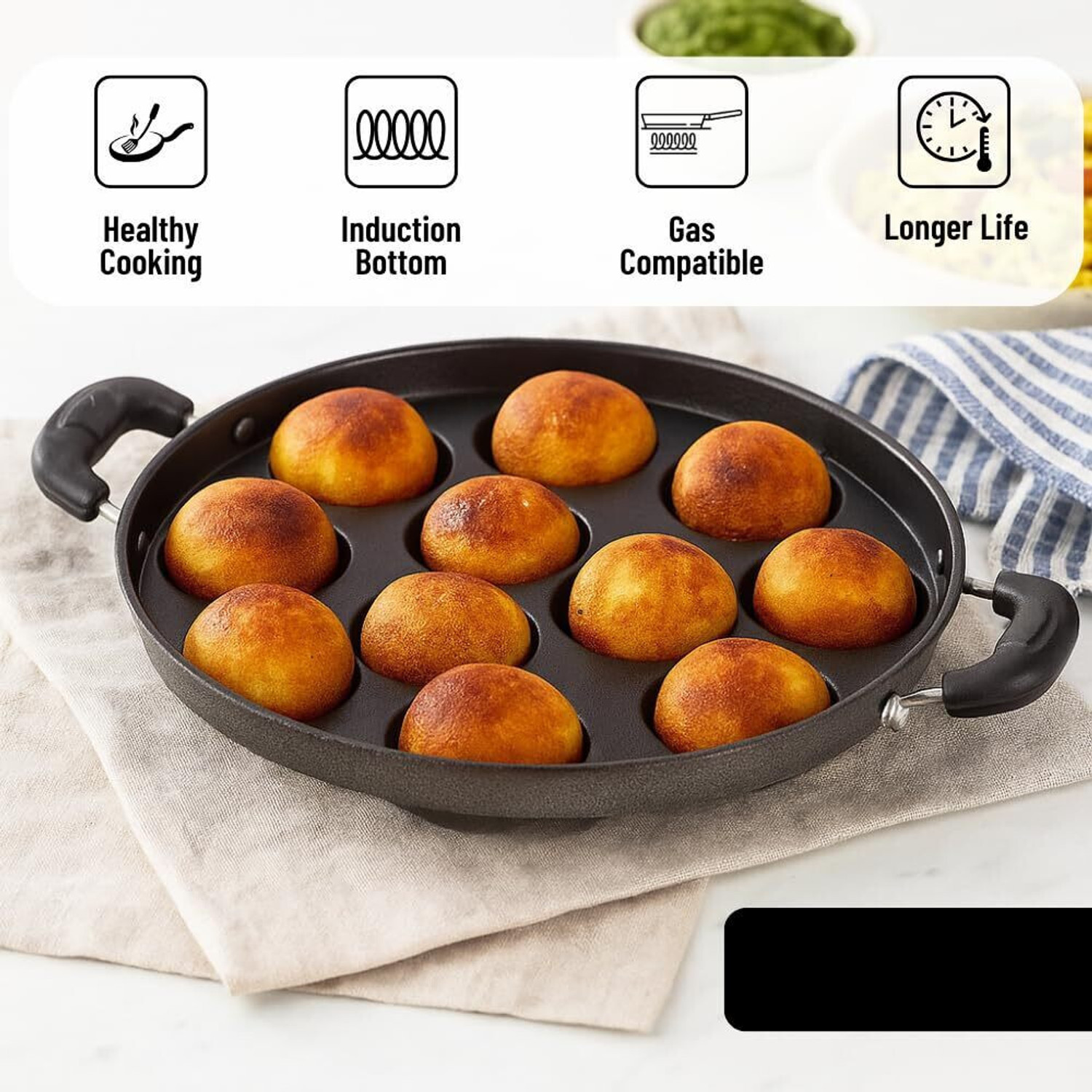 Image of DTM super appam patra with lid and handle / kulipaniyaram pan nonstick / appe / aapee Paniarakkal Pan 22 cm diameter with Lid 1 L capacity (Aluminium, Non-stick)