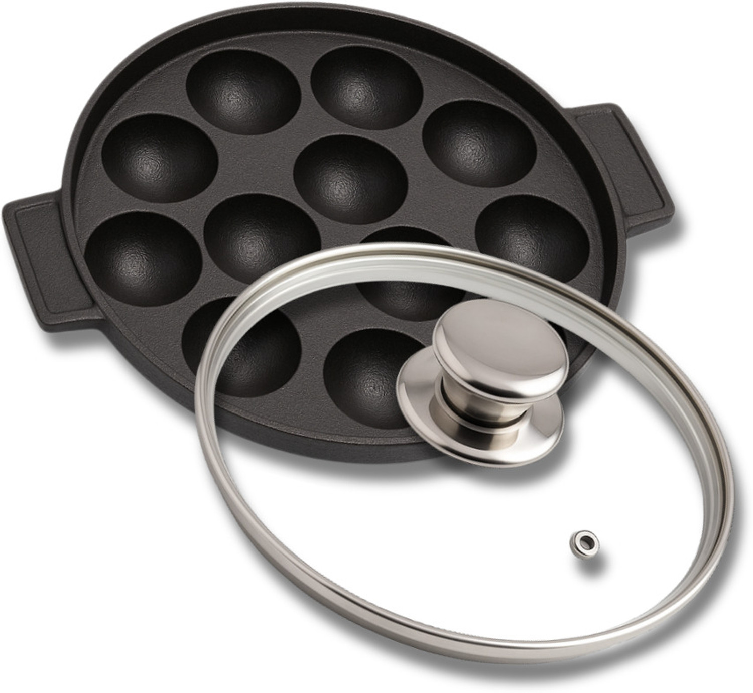 Image of VARUDI cast iron appam pan appe maker cast iron 12 cavity induction base non stick Pot 30 cm diameter 12 L capacity (Cast Iron, Non-stick, Induction Bottom)