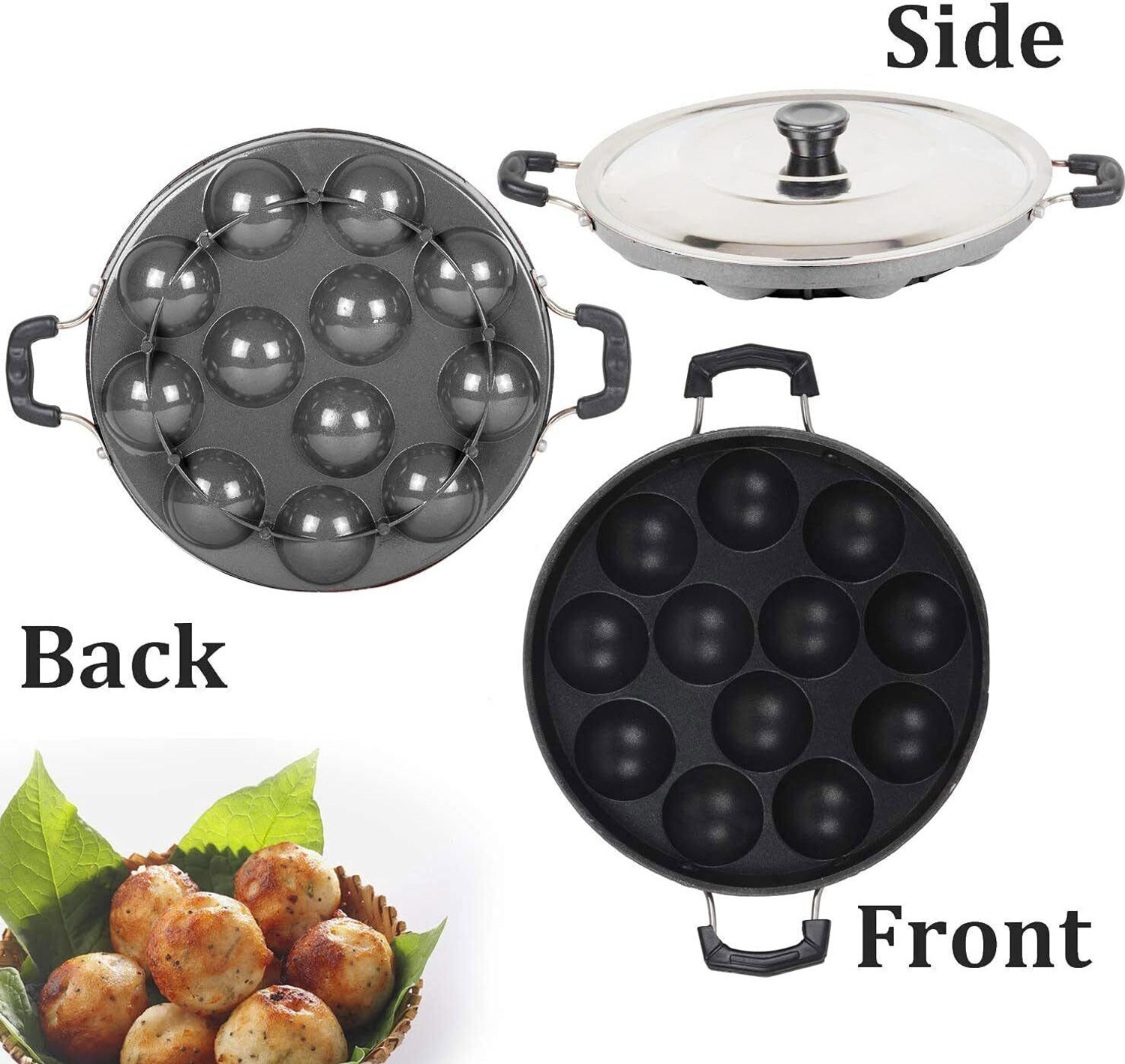 Image of DTM super appam patra with lid and handle / kulipaniyaram pan nonstick / appe / aapee Paniarakkal Pan 22 cm diameter with Lid 1 L capacity (Aluminium, Non-stick)