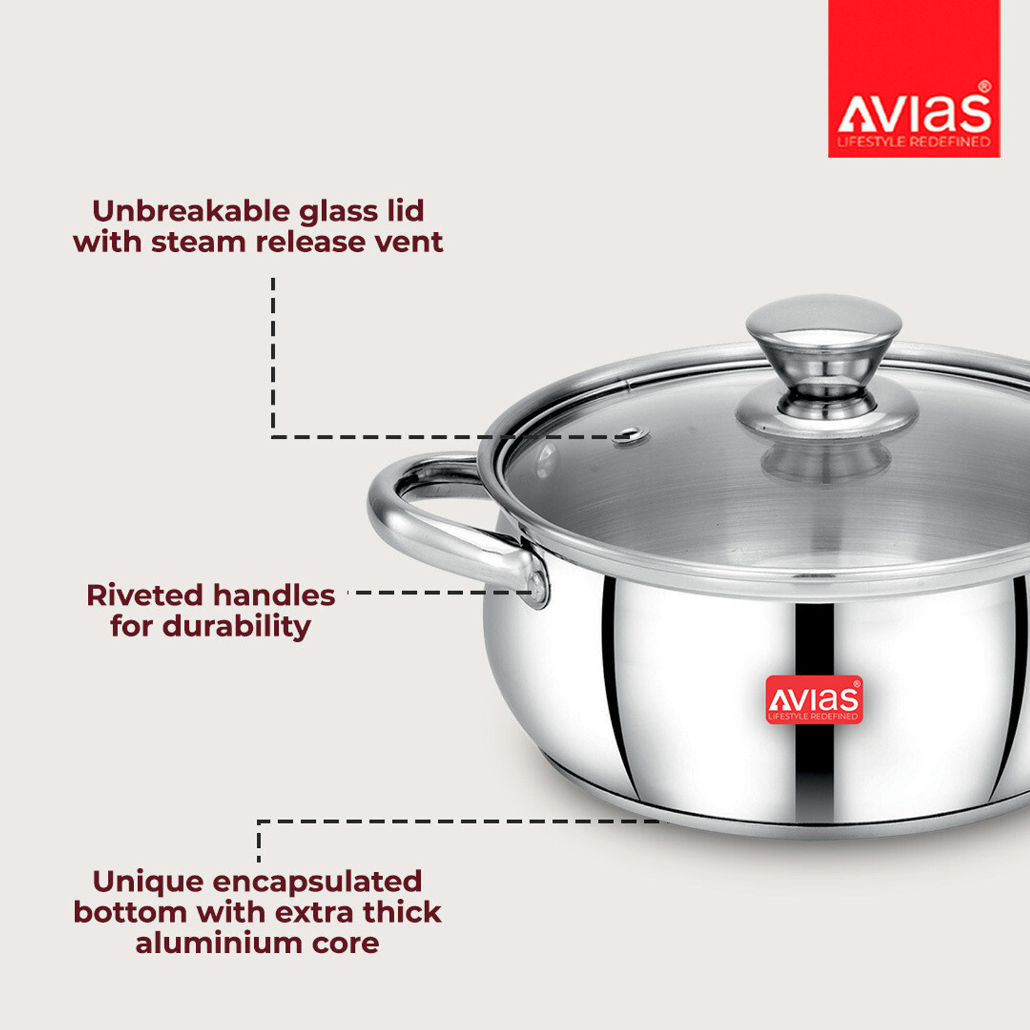 Image of AVIAS IB Belly Cookpot with Glass Lid /Gas Stove Friendly /Rust-Resistant Cookware Pot 18 cm diameter 2.25 L capacity with Lid (Stainless Steel, Induction Bottom)