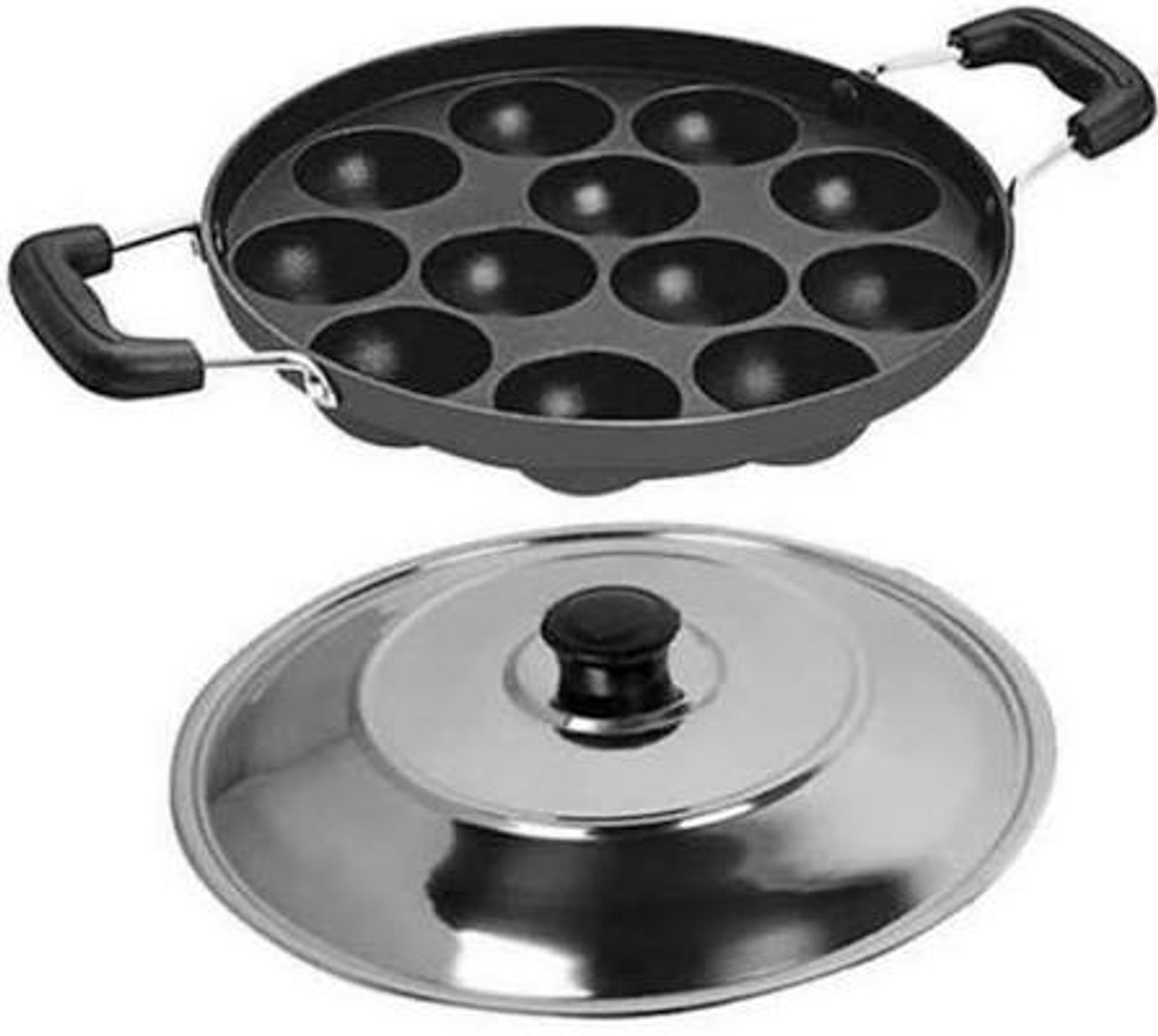 Image of VARUDI cast iron appam pan appe maker cast iron 12 cavity induction base non stick Pot 30 cm diameter 12 L capacity (Cast Iron, Non-stick, Induction Bottom)